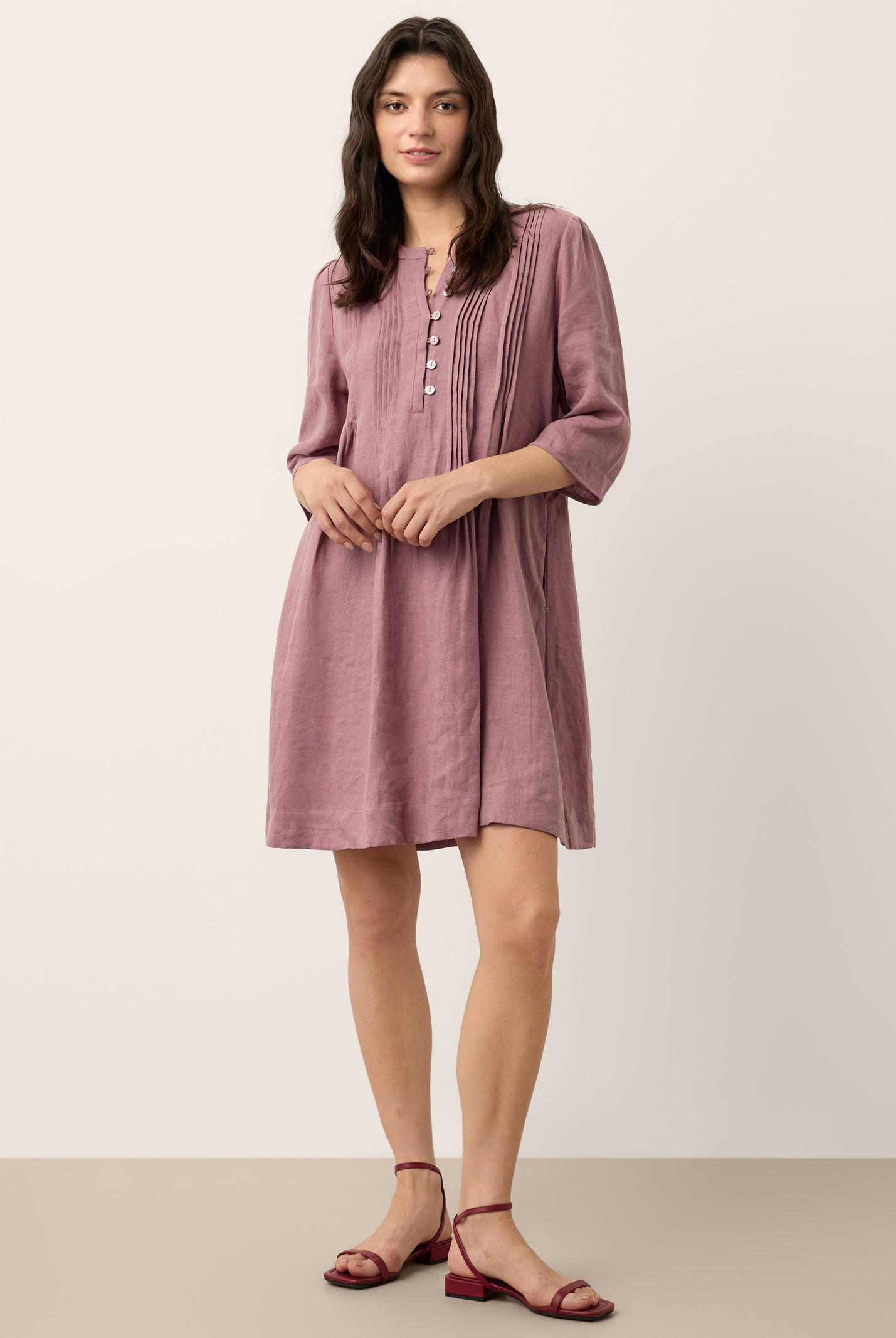 100% Linen Pintuck Puff Sleeve Mini Dress LENORA by LINTICO for women