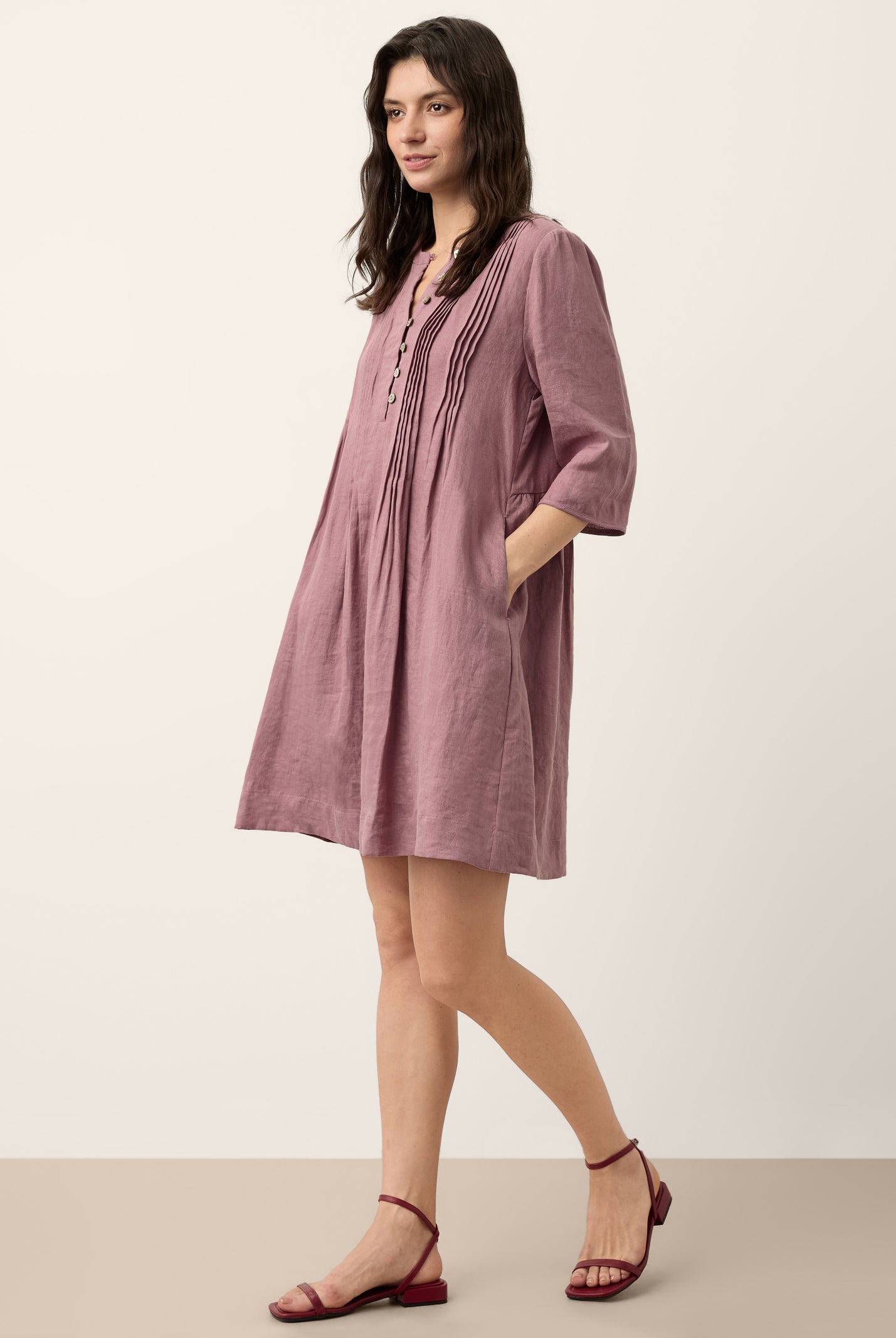 100% Linen Pintuck Puff Sleeve Mini Dress LENORA by LINTICO for women