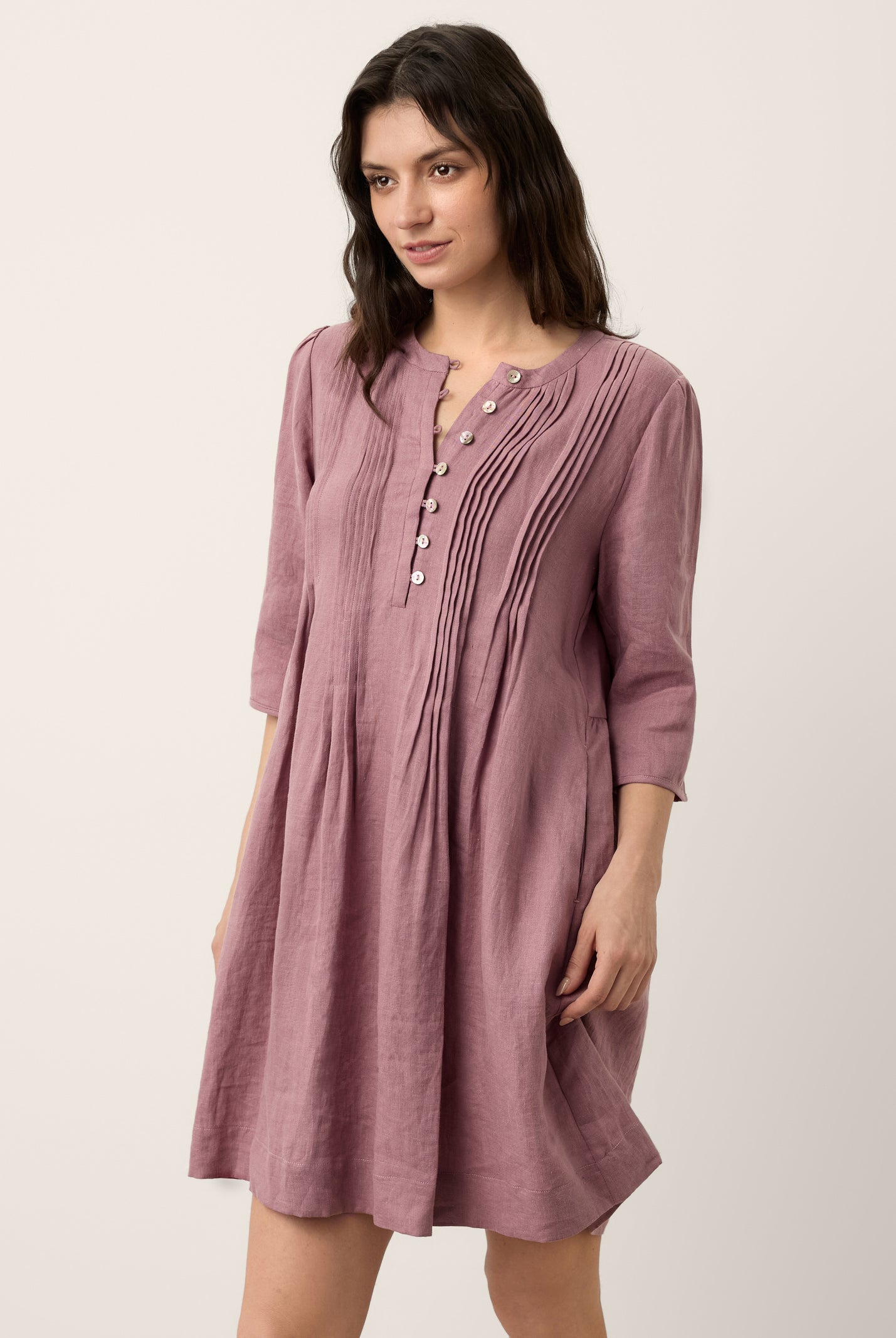 100% Linen Pintuck Puff Sleeve Mini Dress LENORA by LINTICO for women