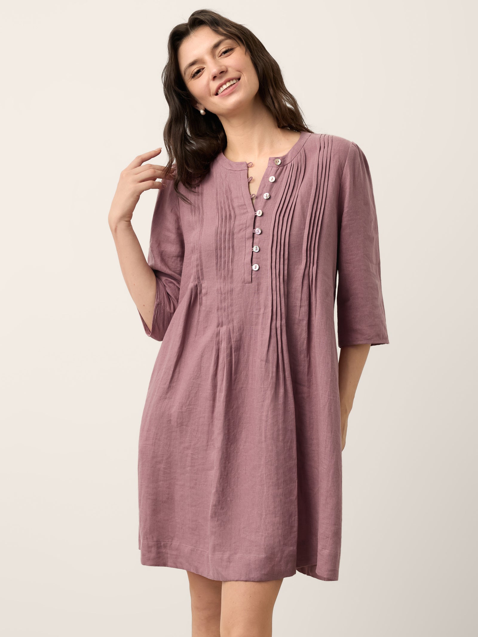 100% Linen Pintuck Puff Sleeve Mini Dress LENORA by LINTICO for women