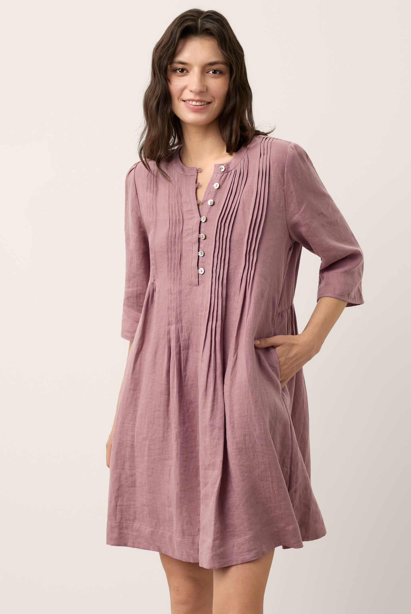 100% Linen Pintuck Puff Sleeve Mini Dress LENORA by LINTICO for women