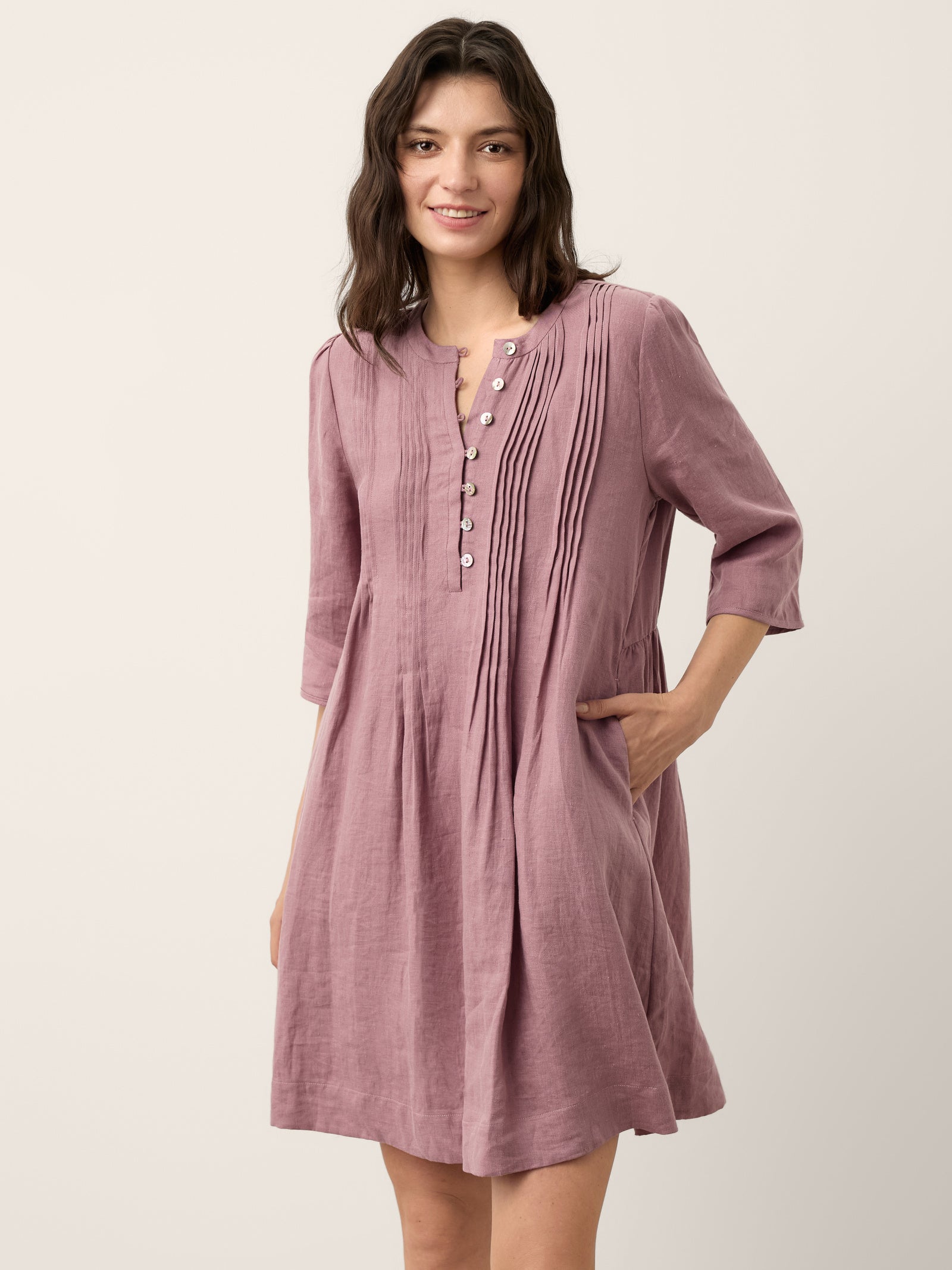 100% Linen Pintuck Puff Sleeve Mini Dress LENORA by LINTICO for women