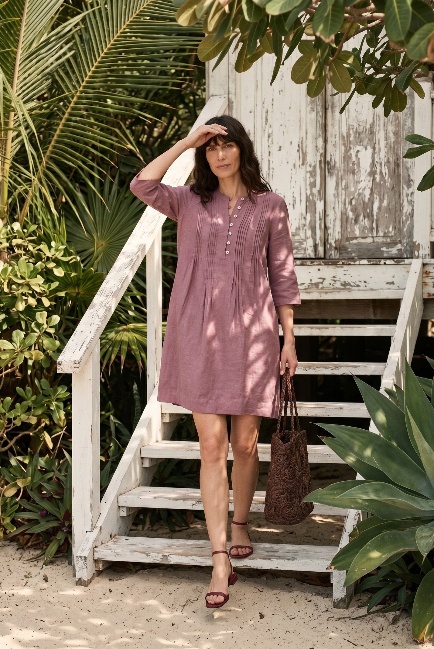 100% Linen Pintuck Puff Sleeve Mini Dress LENORA by LINTICO for women