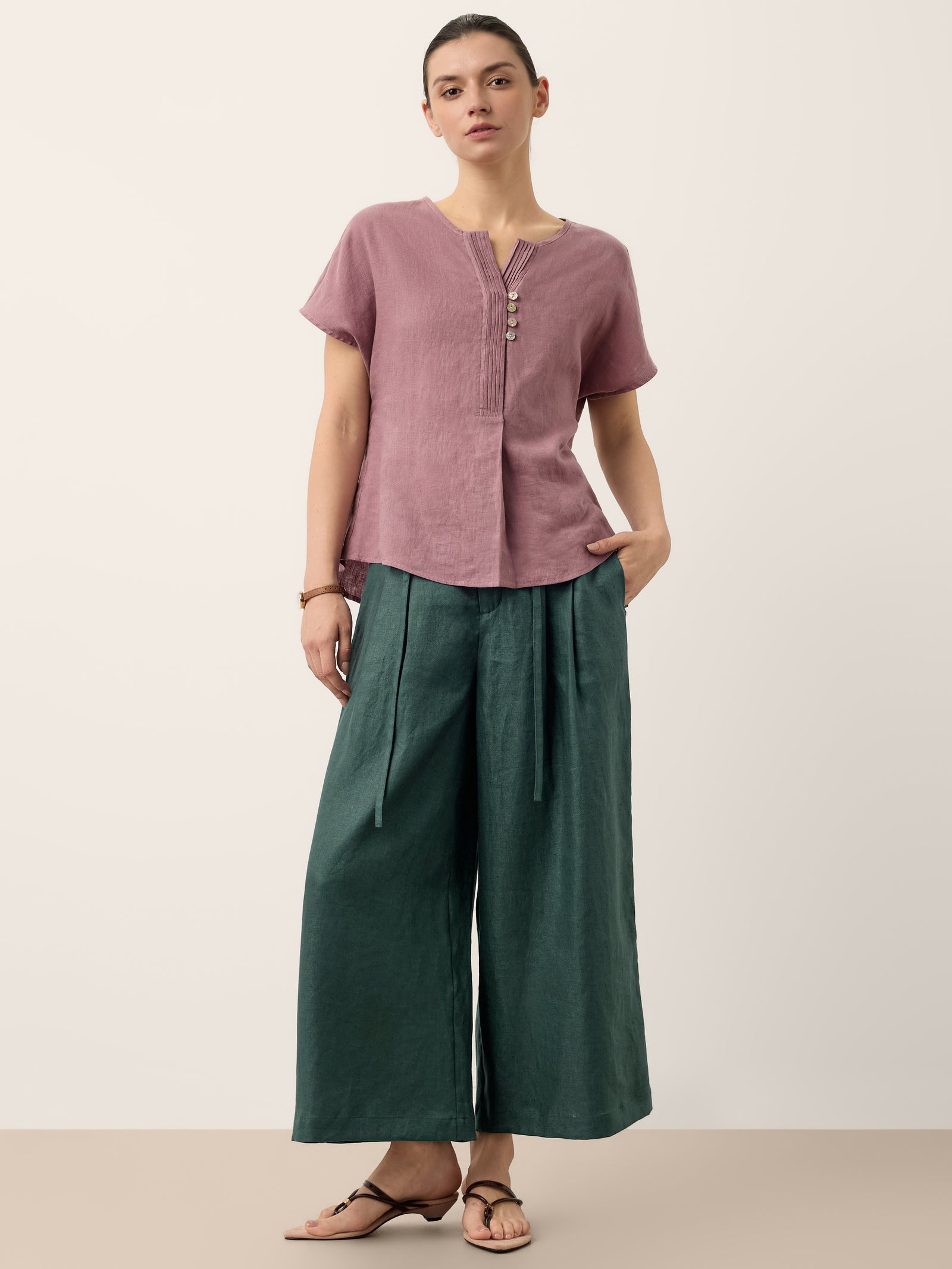 100% Linen Pintuck Shell Button Top ISOBEL by LINTICO