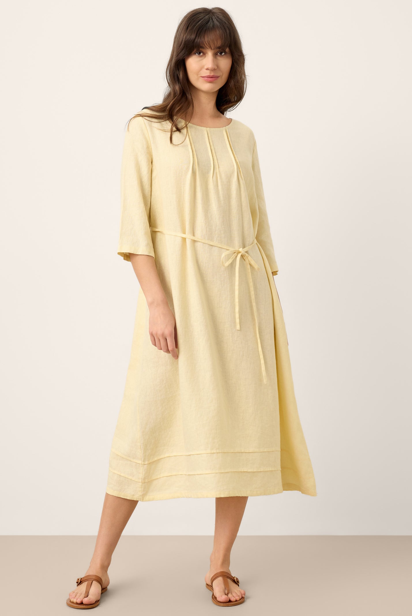 100% Linen Pintucked Embroidered Adjustable Belt Tiered Midi Dres VERENA by LINTICO for women