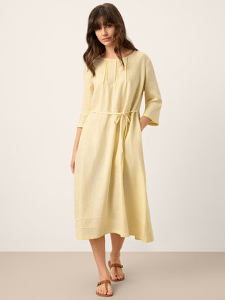 100% Linen Pintucked Embroidered Adjustable Belt Tiered Maxi Dres VERENA