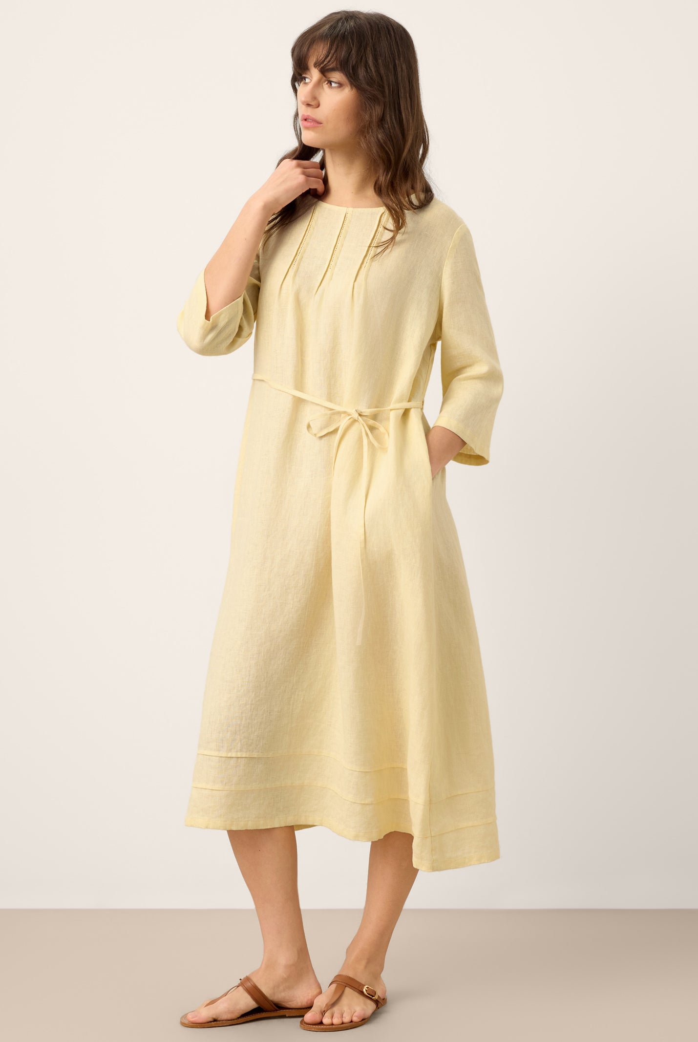 100% Linen Pintucked Embroidered Adjustable Belt Tiered Midi Dres VERENA by LINTICO for women