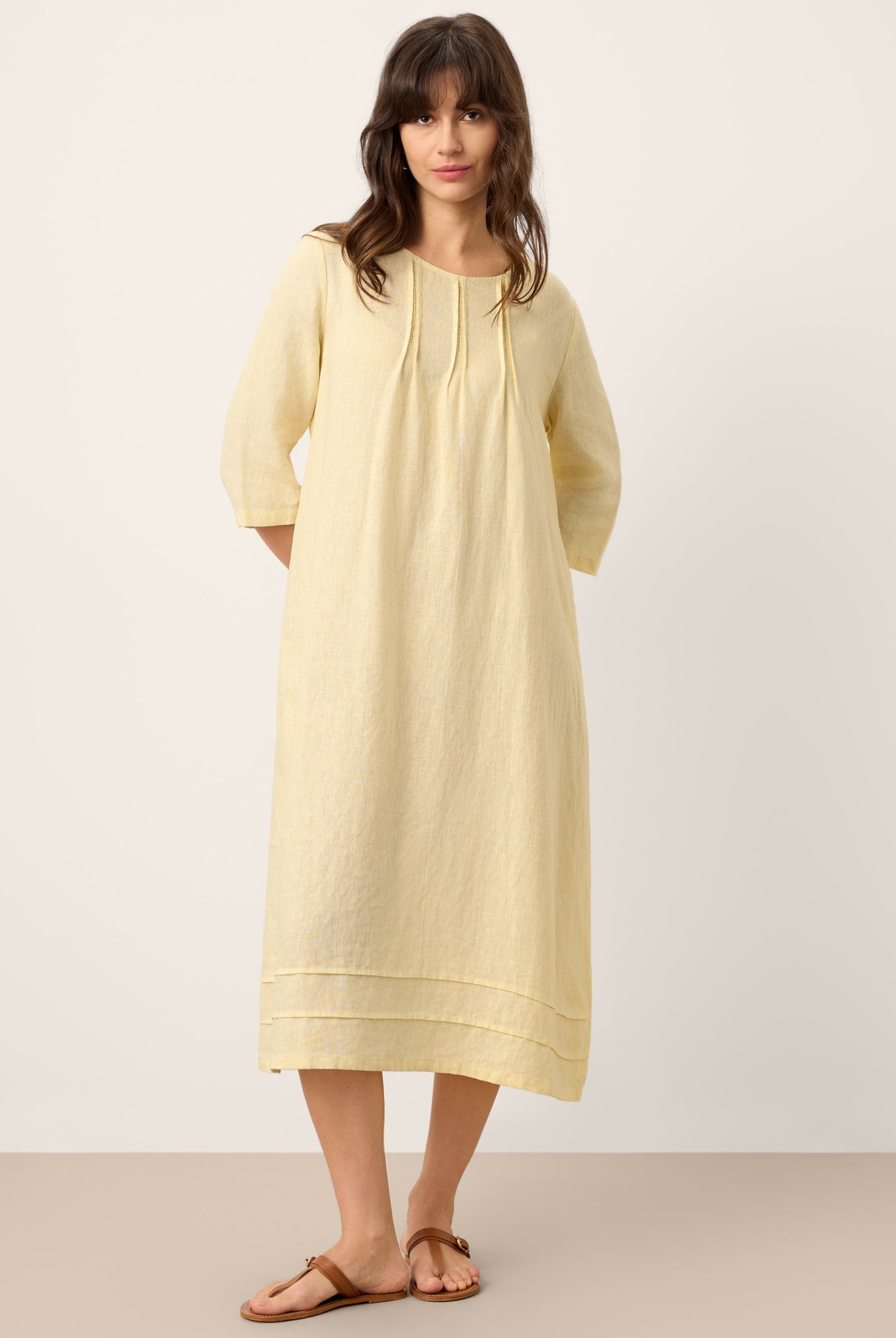 100% Linen Pintucked Embroidered Adjustable Belt Tiered Midi Dres VERENA by LINTICO for women