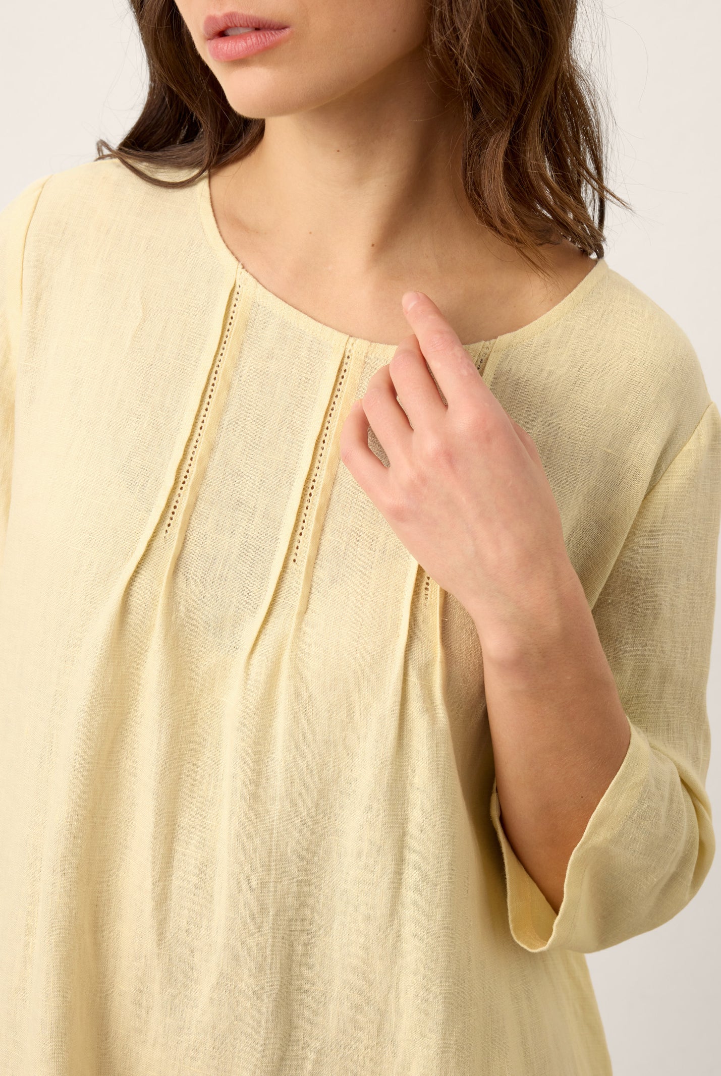 100% Linen Pintucked Embroidered Adjustable Belt Tiered Midi Dres VERENA by LINTICO for women