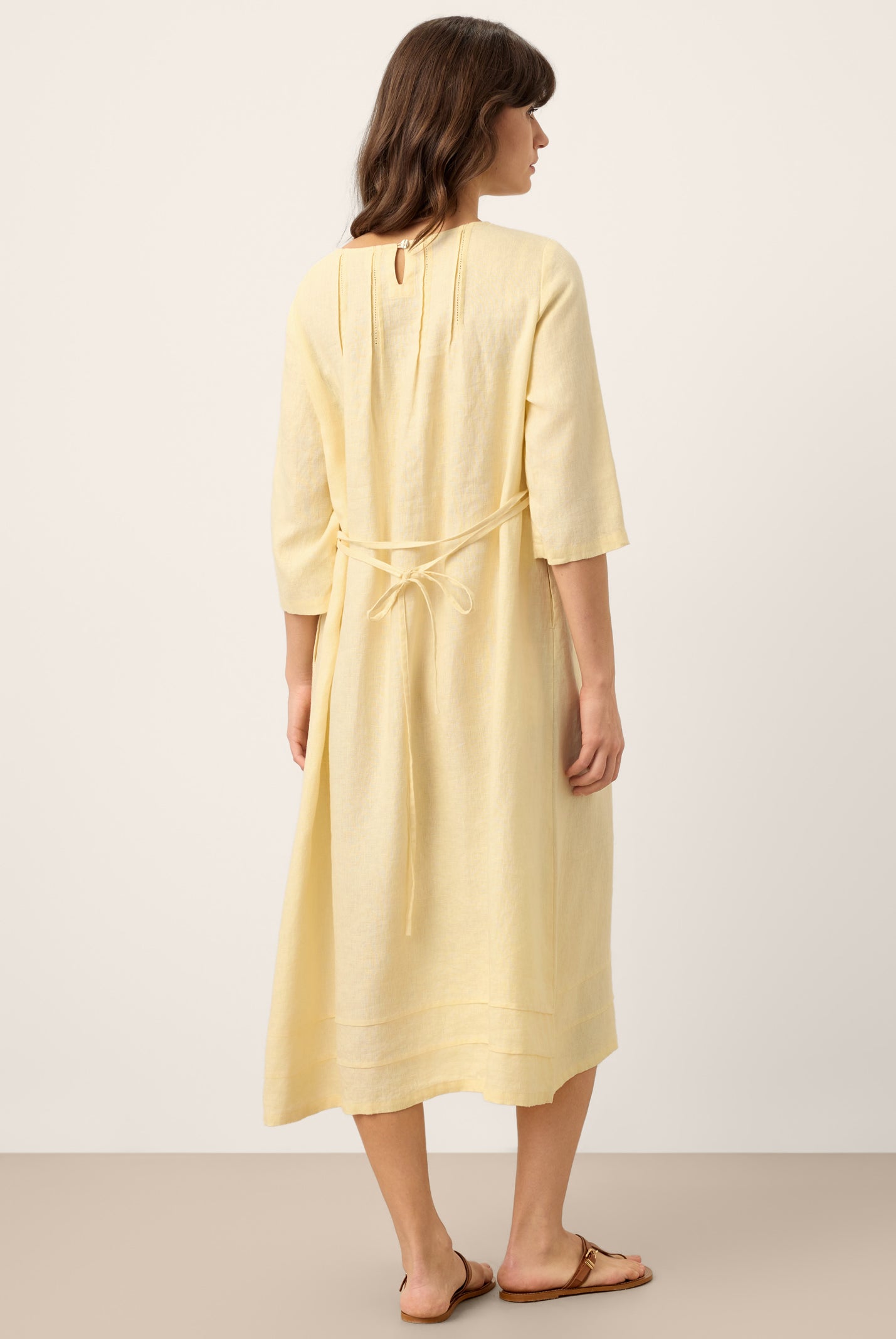 100% Linen Pintucked Embroidered Adjustable Belt Tiered Midi Dres VERENA by LINTICO for women