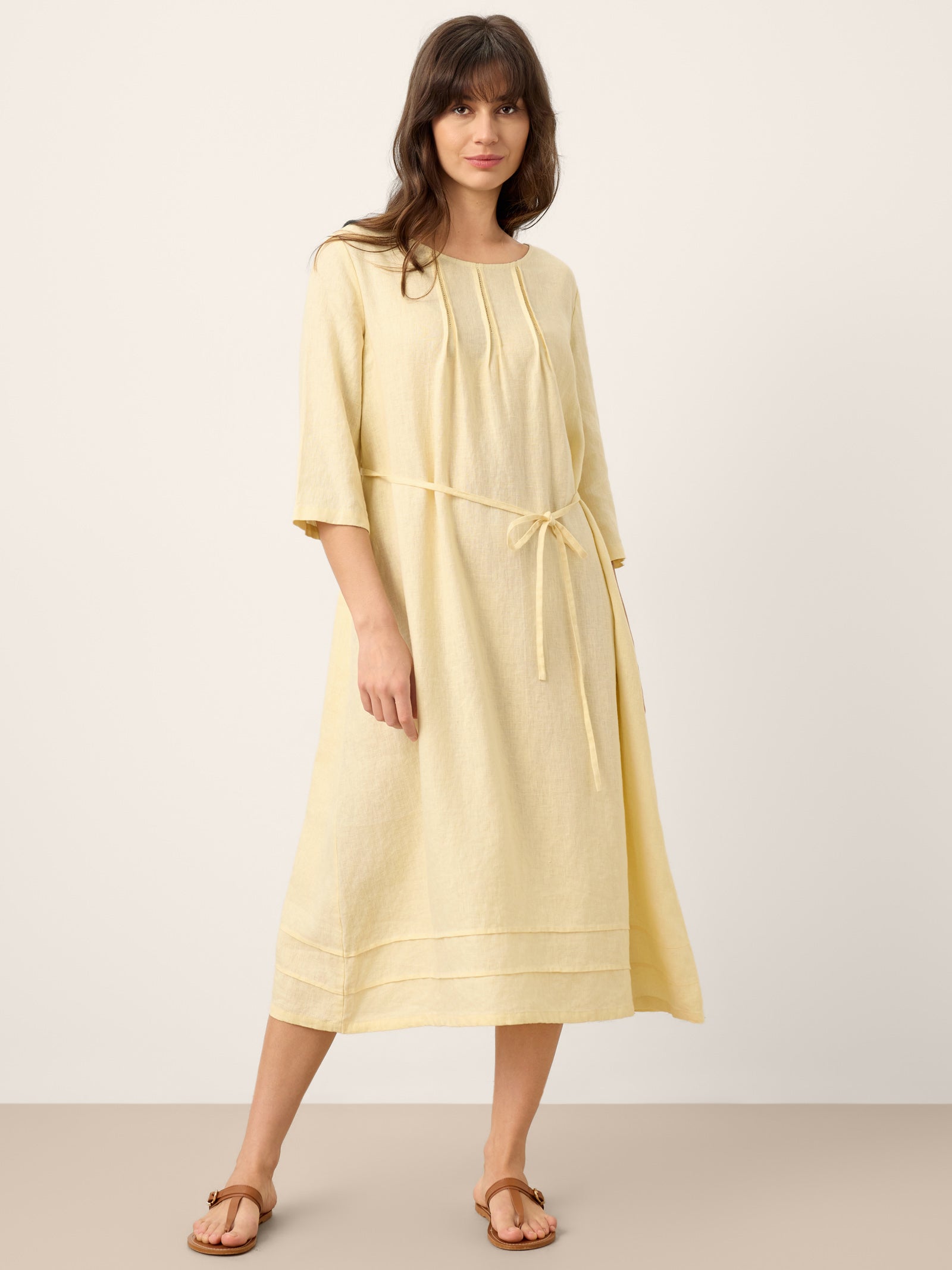 100% Linen Pintucked Embroidered Adjustable Belt Tiered Midi Dress VERENA by LINTICO for women