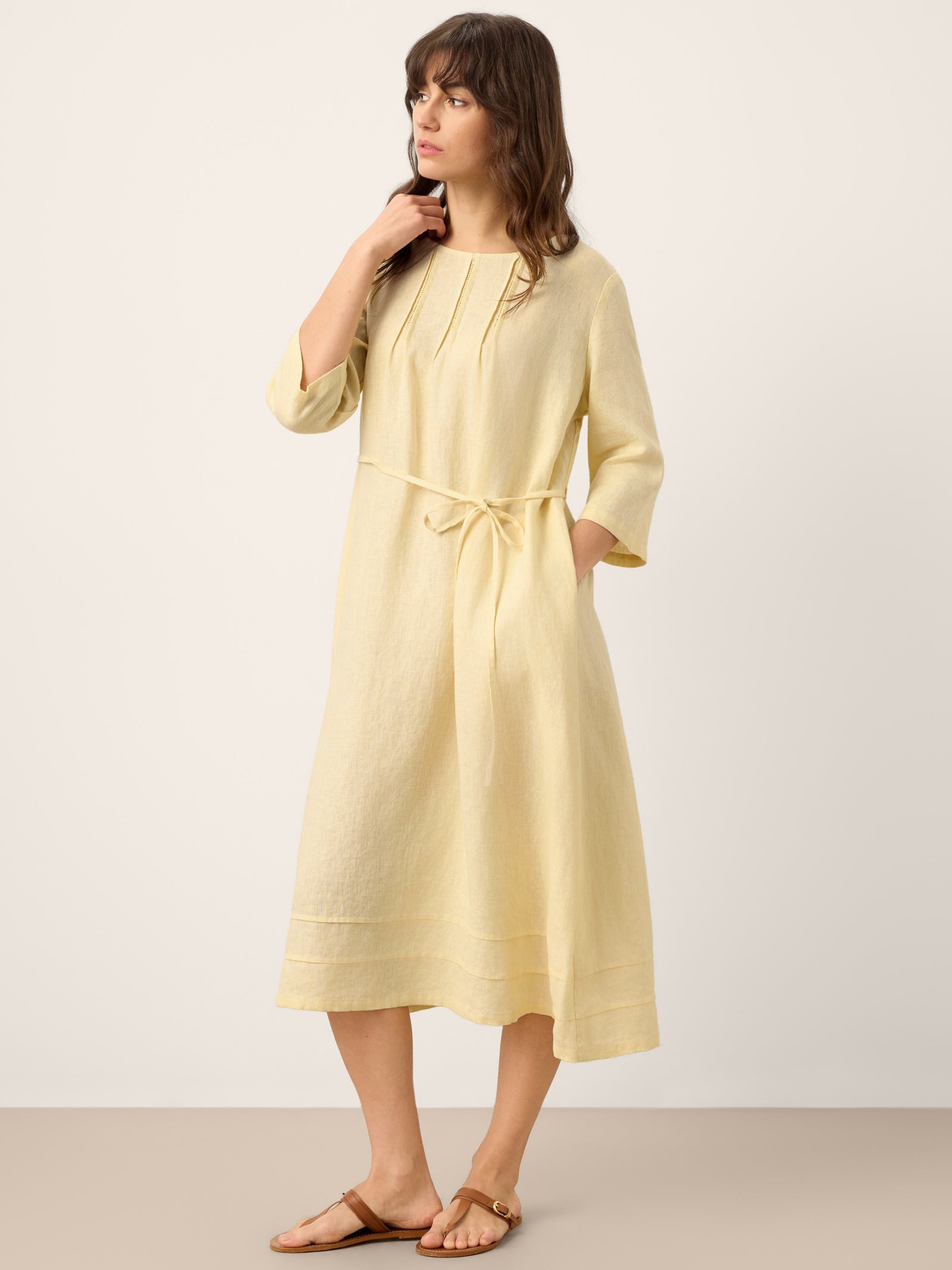 100% Linen Pintucked Embroidered Adjustable Belt Tiered Midi Dress VERENA by LINTICO for women