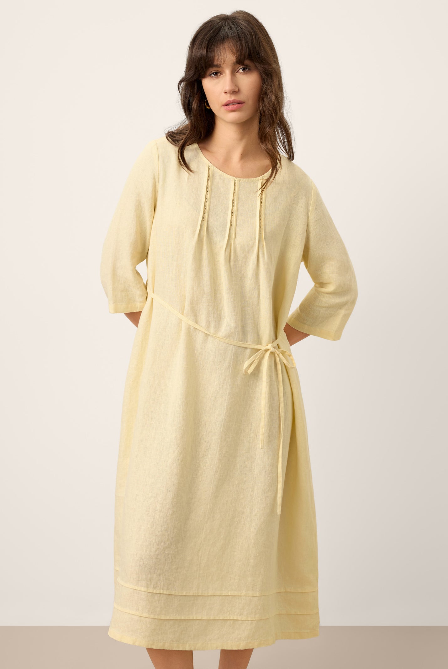 100% Linen Pintucked Embroidered Adjustable Belt Tiered Midi Dress VERENA by LINTICO for women