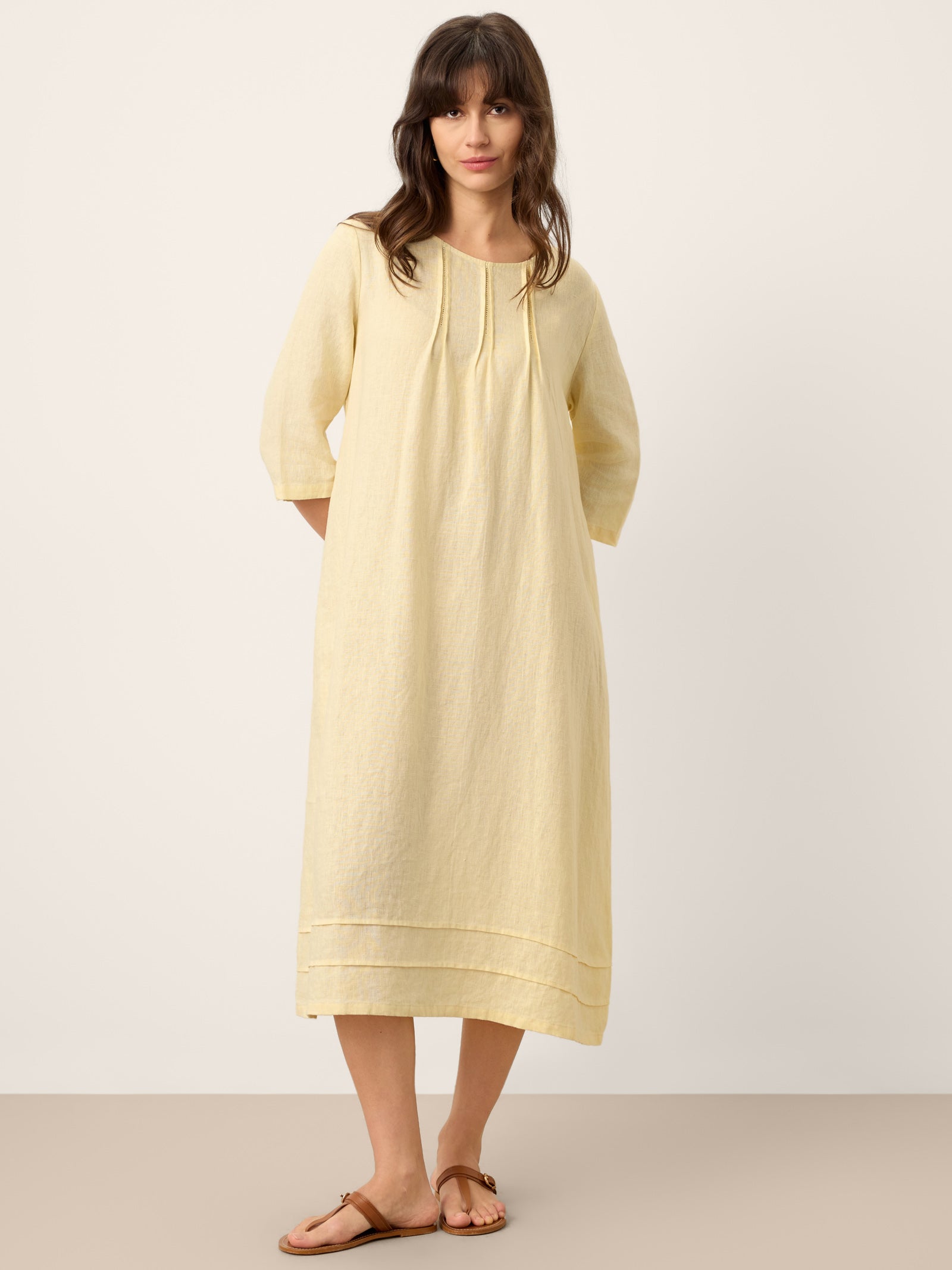 100% Linen Pintucked Embroidered Adjustable Belt Tiered Midi Dress VERENA by LINTICO for women