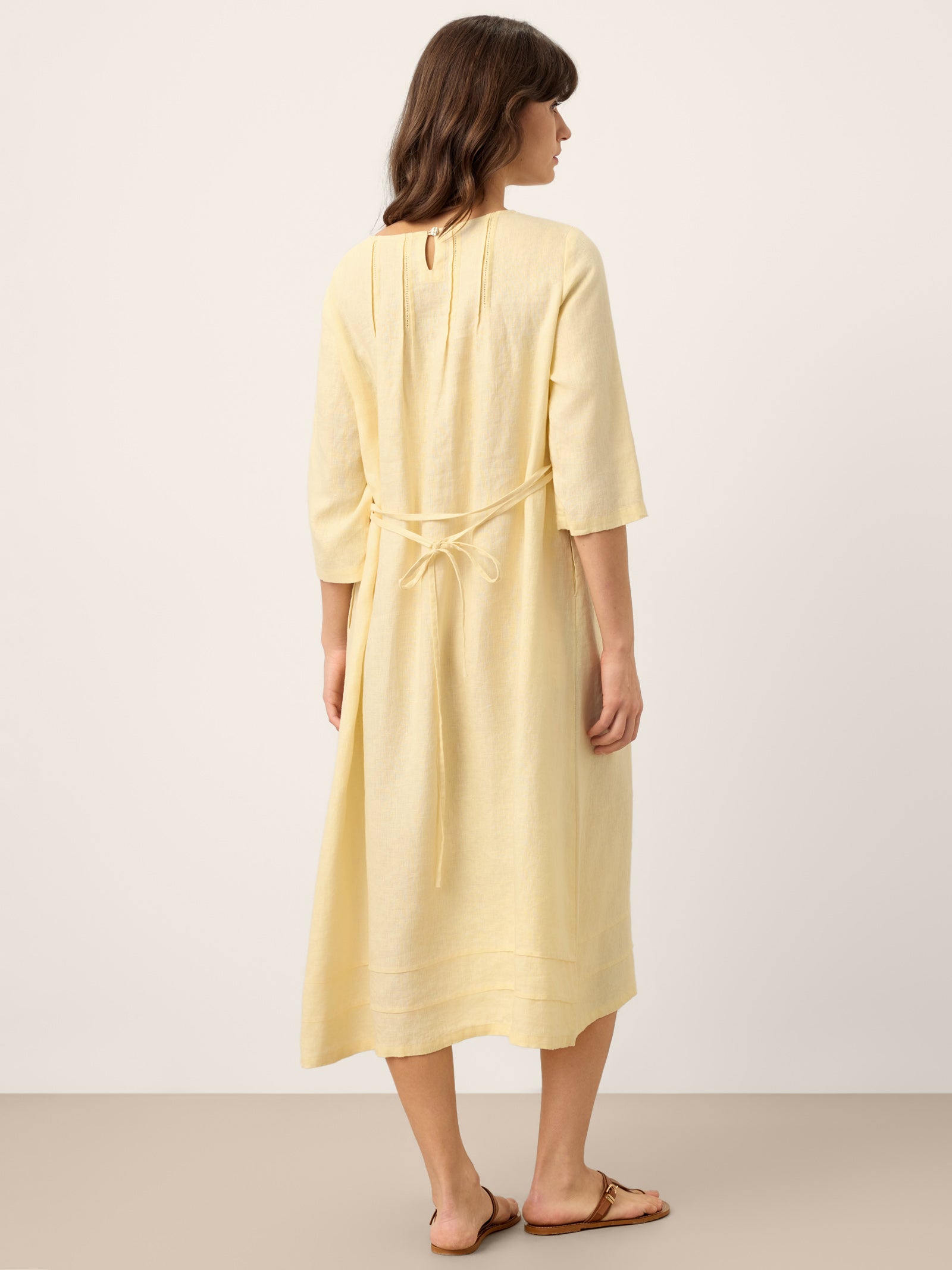 100% Linen Pintucked Embroidered Adjustable Belt Tiered Midi Dress VERENA by LINTICO for women