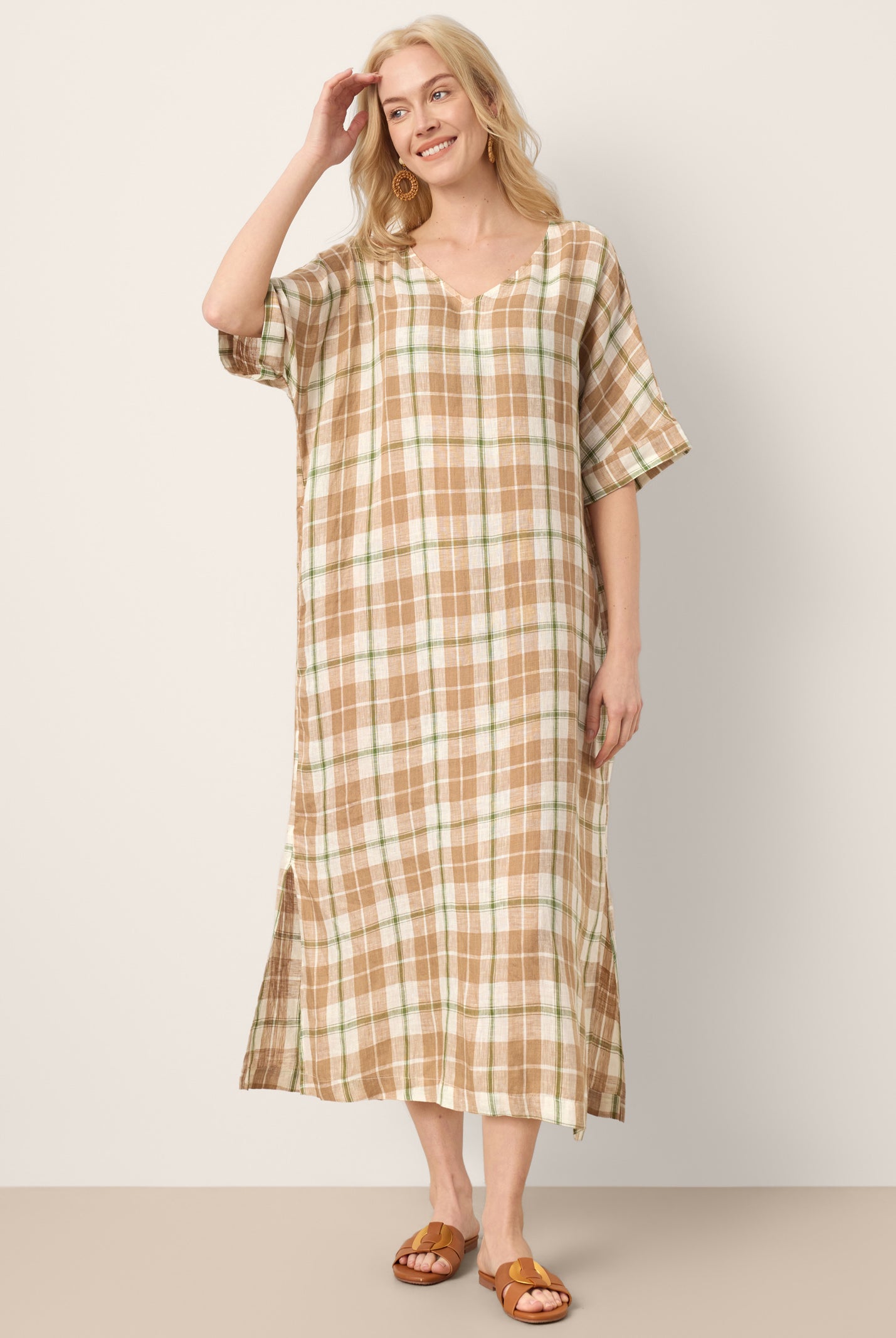 100% Linen Plaid Deep V-Neck Drop Shoulder Side Slit Midi Dress LESLIE by LINTICO for women
