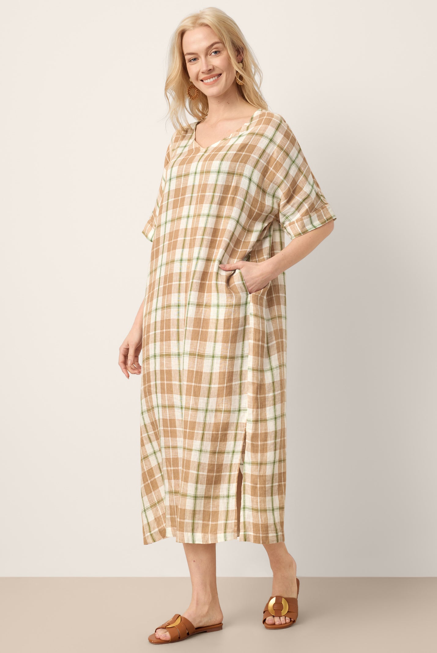 100% Linen Plaid Deep V-Neck Drop Shoulder Side Slit Midi Dress LESLIE by LINTICO for women
