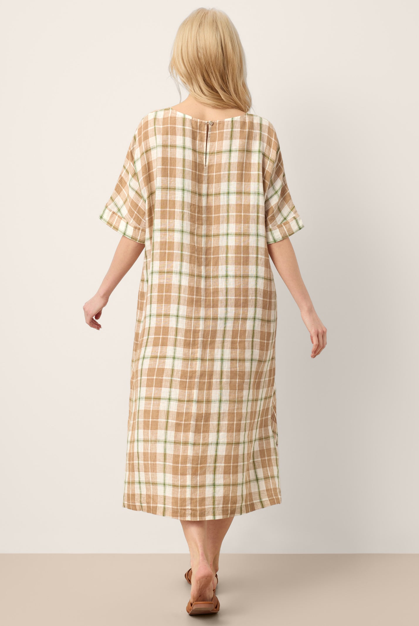 100% Linen Plaid Deep V-Neck Drop Shoulder Side Slit Midi Dress LESLIE by LINTICO for women