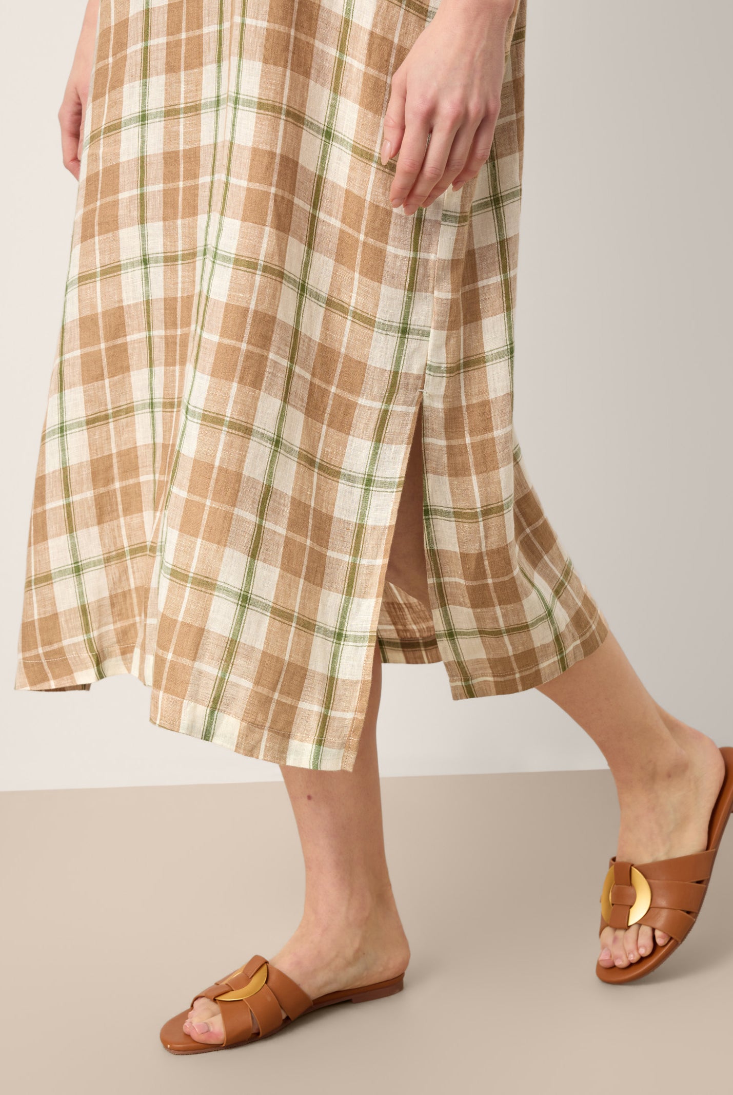 100% Linen Plaid Deep V-Neck Drop Shoulder Side Slit Midi Dress LESLIE by LINTICO for women