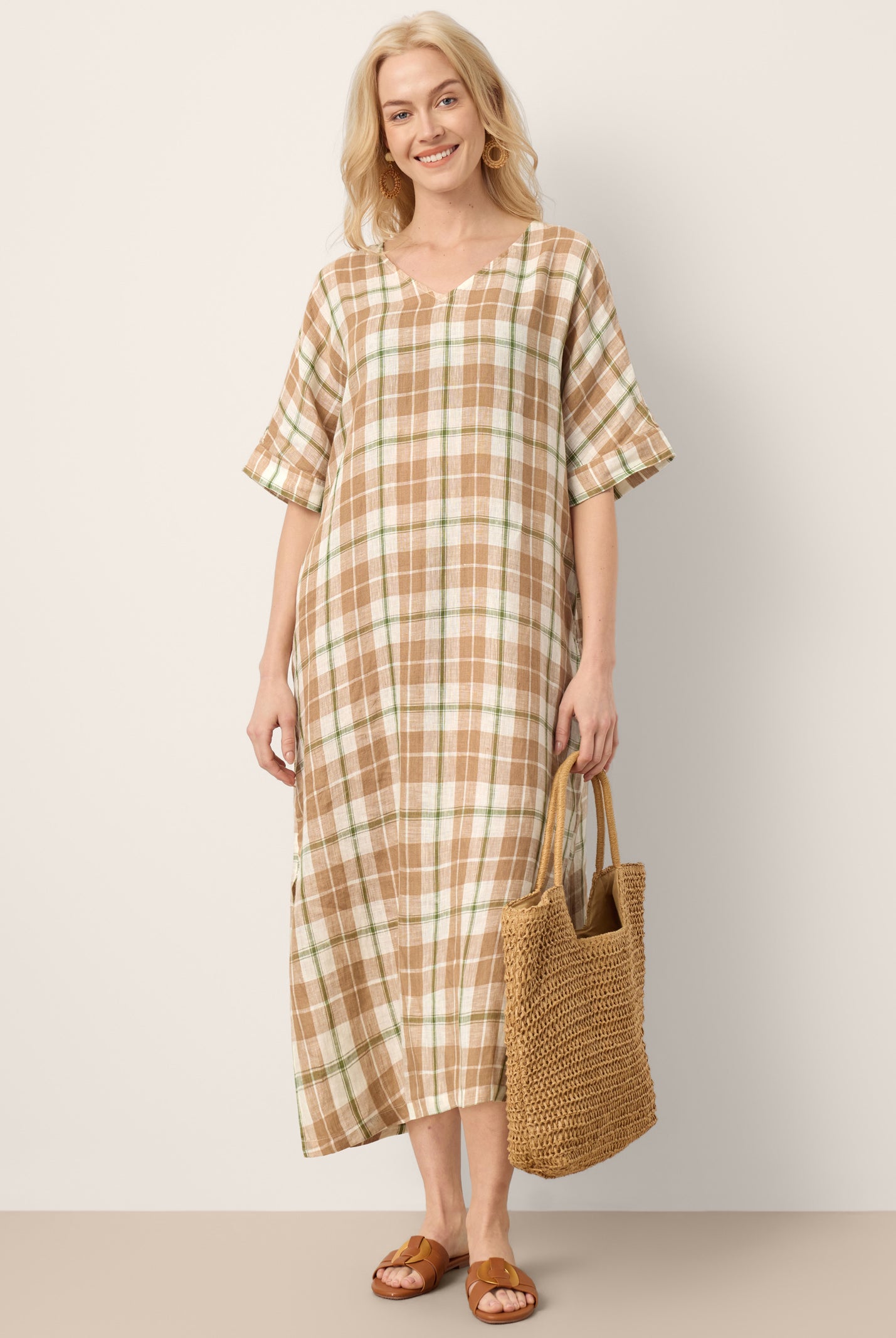 100% Linen Plaid Deep V-Neck Drop Shoulder Side Slit Midi Dress LESLIE by LINTICO for women
