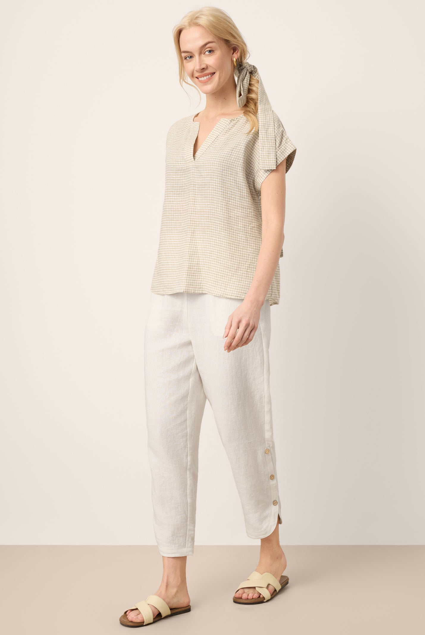 100% Linen Plaid Detachable Tie-Belt Split-Neck Top LEXIE by LINTICO for women
