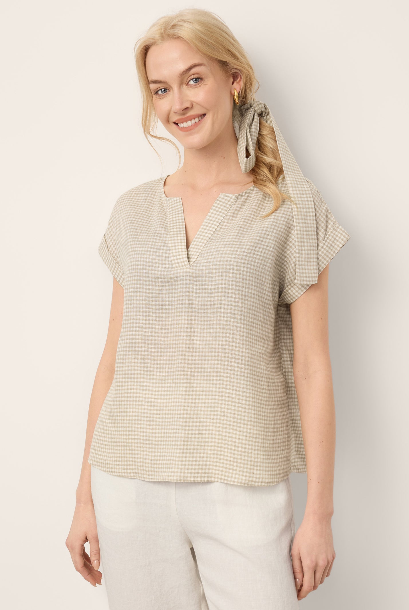 100% Linen Plaid Detachable Tie-Belt Split-Neck Top LEXIE by LINTICO for women
