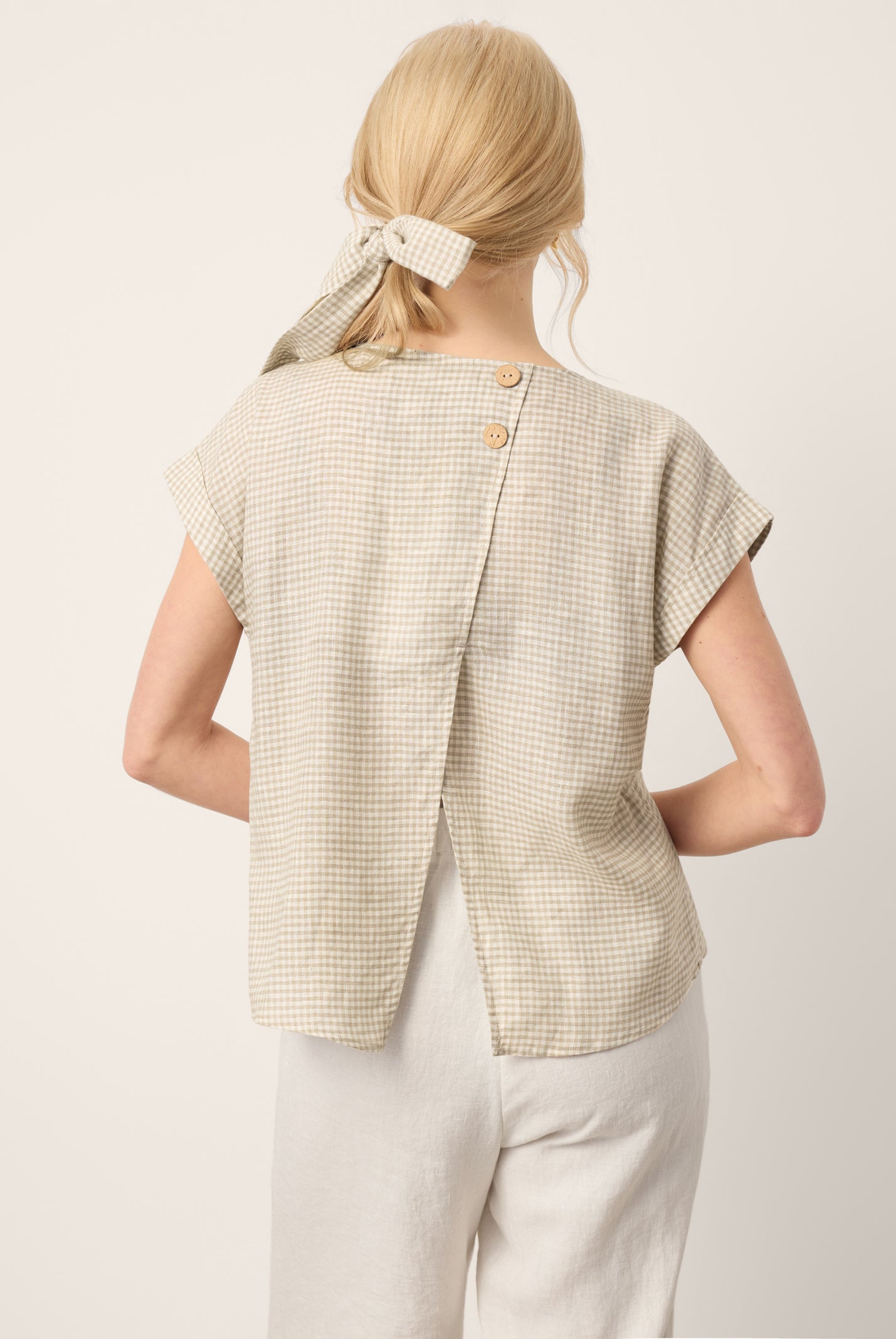 100% Linen Plaid Detachable Tie-Belt Split-Neck Top LEXIE by LINTICO for women