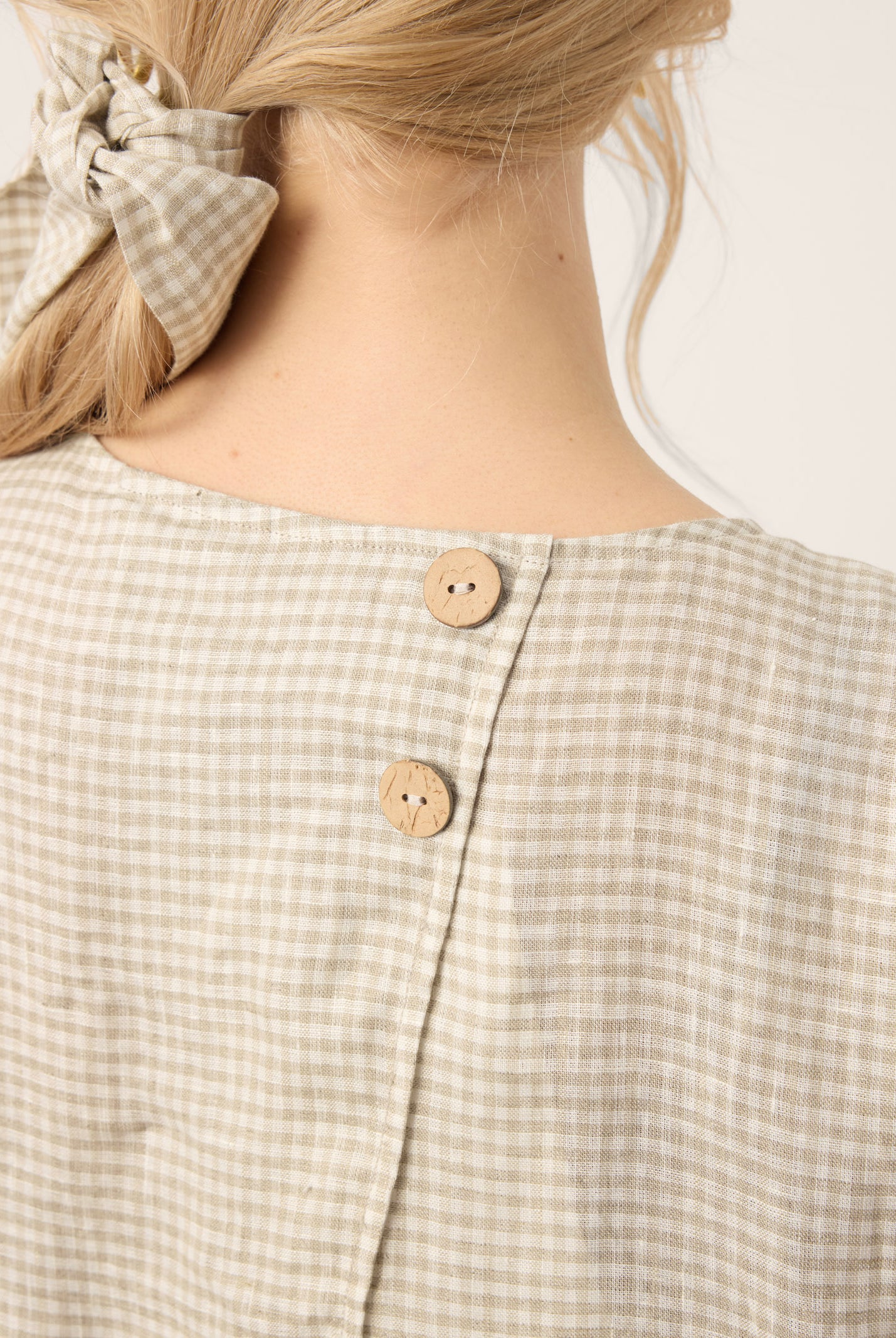 100% Linen Plaid Detachable Tie-Belt Split-Neck Top LEXIE by LINTICO for women