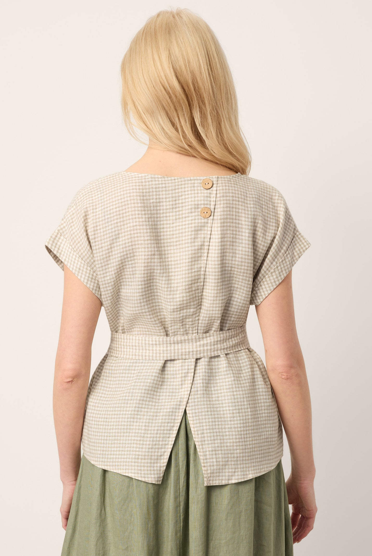 100% Linen Plaid Detachable Tie-Belt Split-Neck Top LEXIE by LINTICO for women
