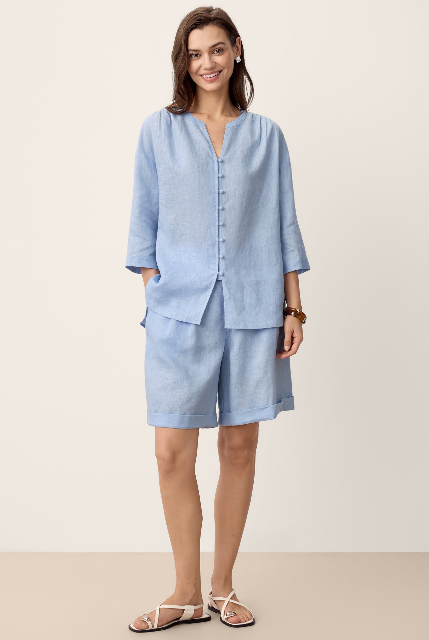 100% Linen Pleated Cuffed Shorts IRISSA by LINTICO for women