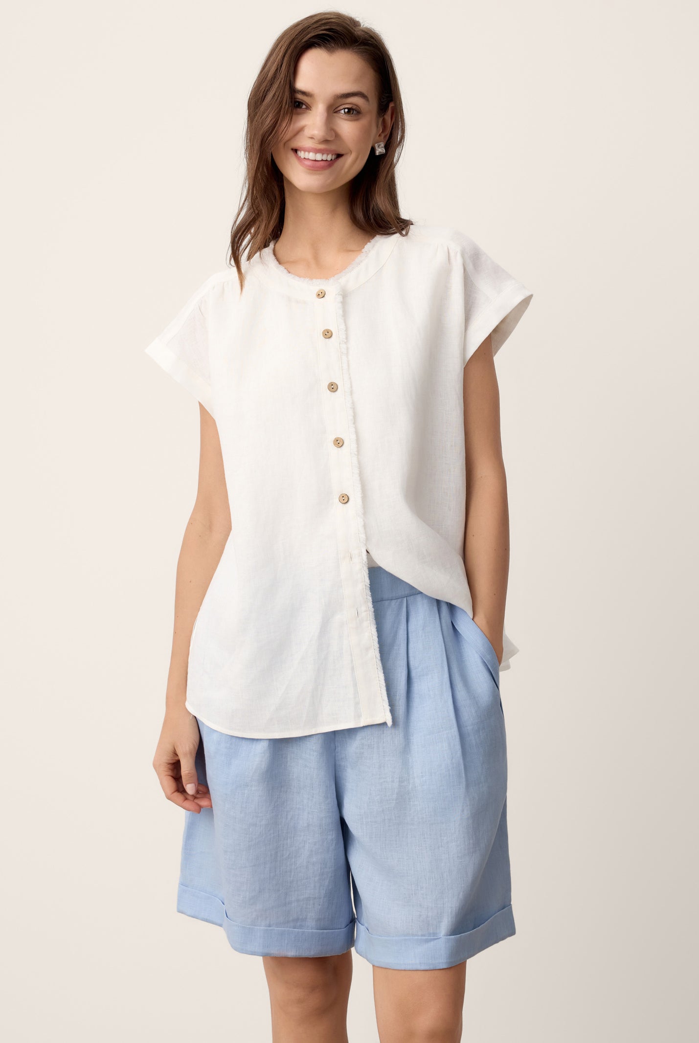 100% Linen Pleated Cuffed Shorts IRISSA by LINTICO for women