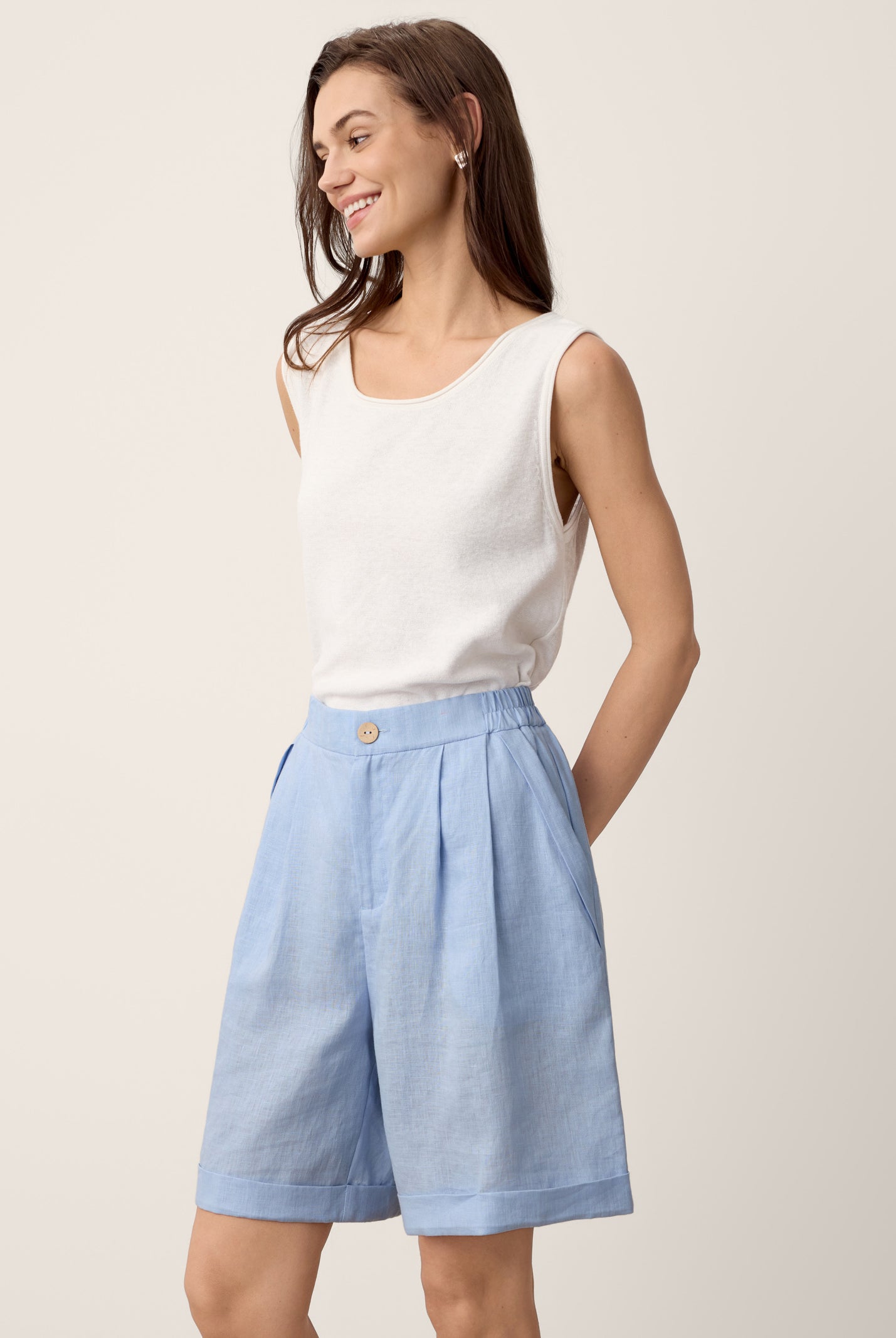 100% Linen Pleated Cuffed Shorts IRISSA by LINTICO for women