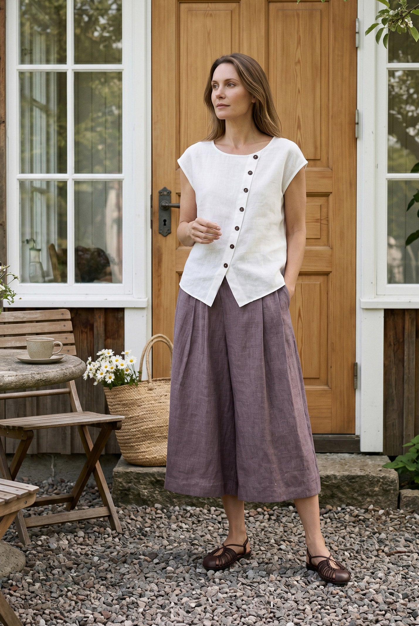 100% Linen Pleated Elastic Waist Cropped Wide Leg Pants HALCYON by LINTICO for women