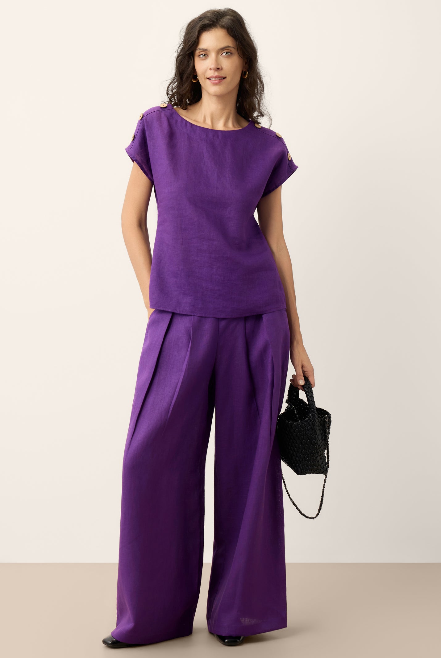 100% Linen Pleated Waist Wide Leg Pants LOUISA by LINTICO for women
