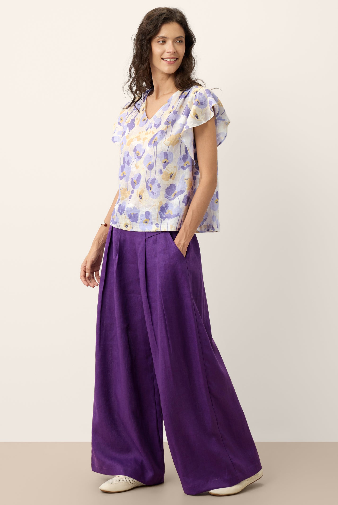 100% Linen Pleated Waist Wide Leg Pants LOUISA by LINTICO for women