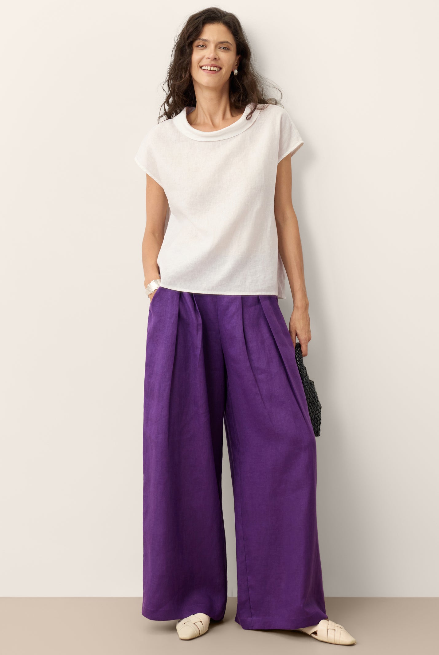 100% Linen Pleated Waist Wide Leg Pants LOUISA by LINTICO for women