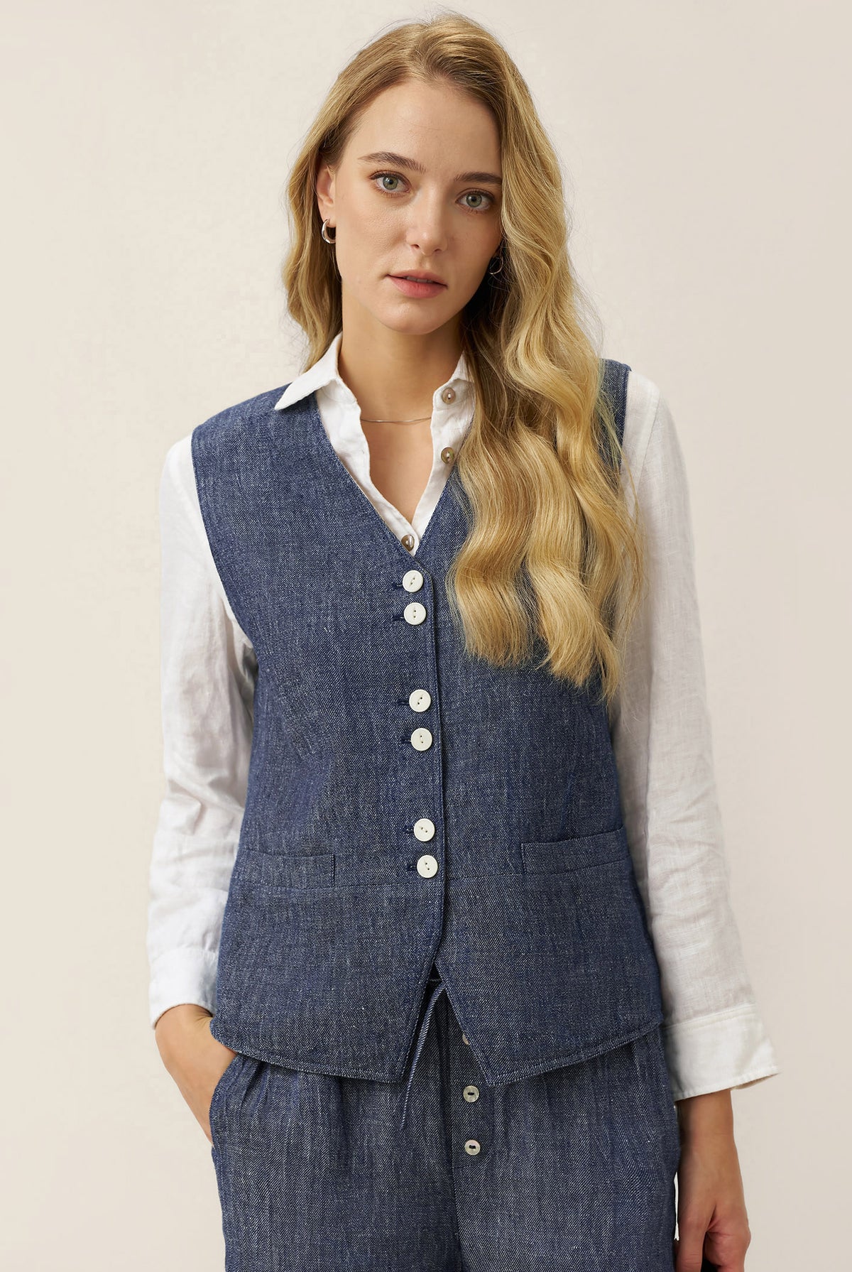 100% Linen Reversible Denim Texture Button Front Vest HARPER by LINTICO, fabric detail for women