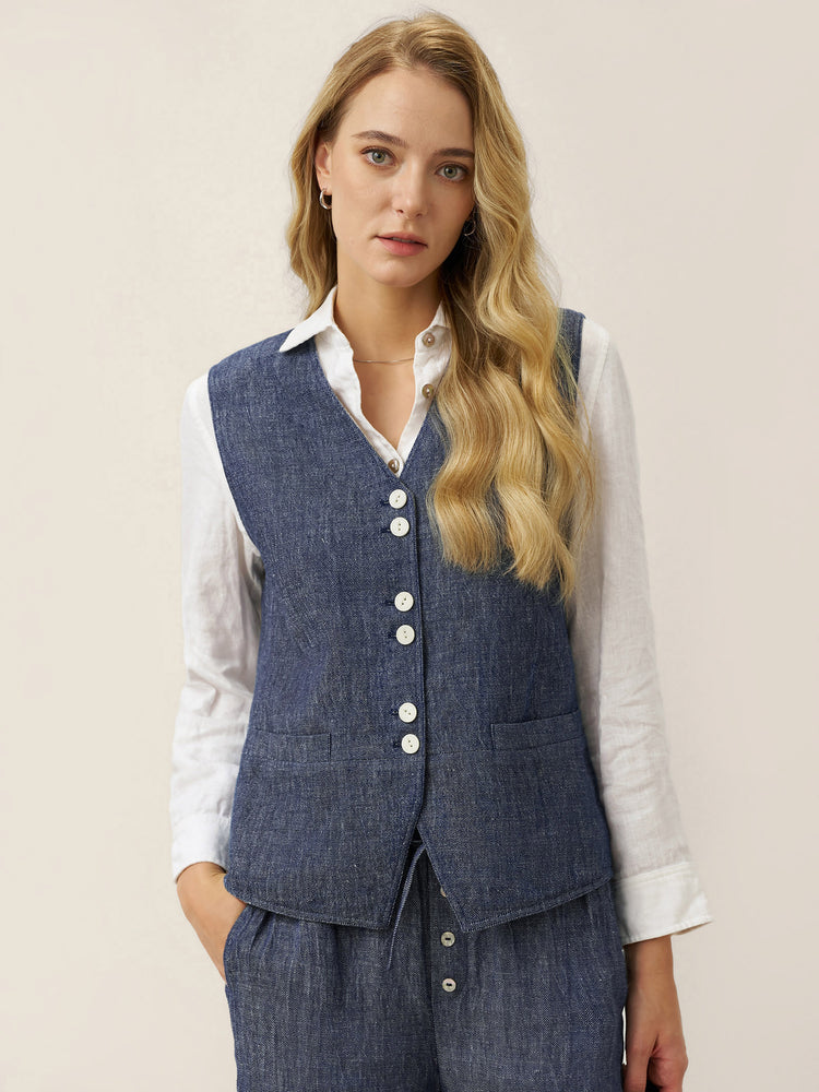 100% Linen Reversible Denim Texture Button Front Vest HARPER by LINTICO, fabric detail for women
