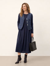 Wool Arc-Panel Sculpted Pleats Midi Dress CALISTA and 100% Linen Reversible Denim Texture Button Front Vest HARPER