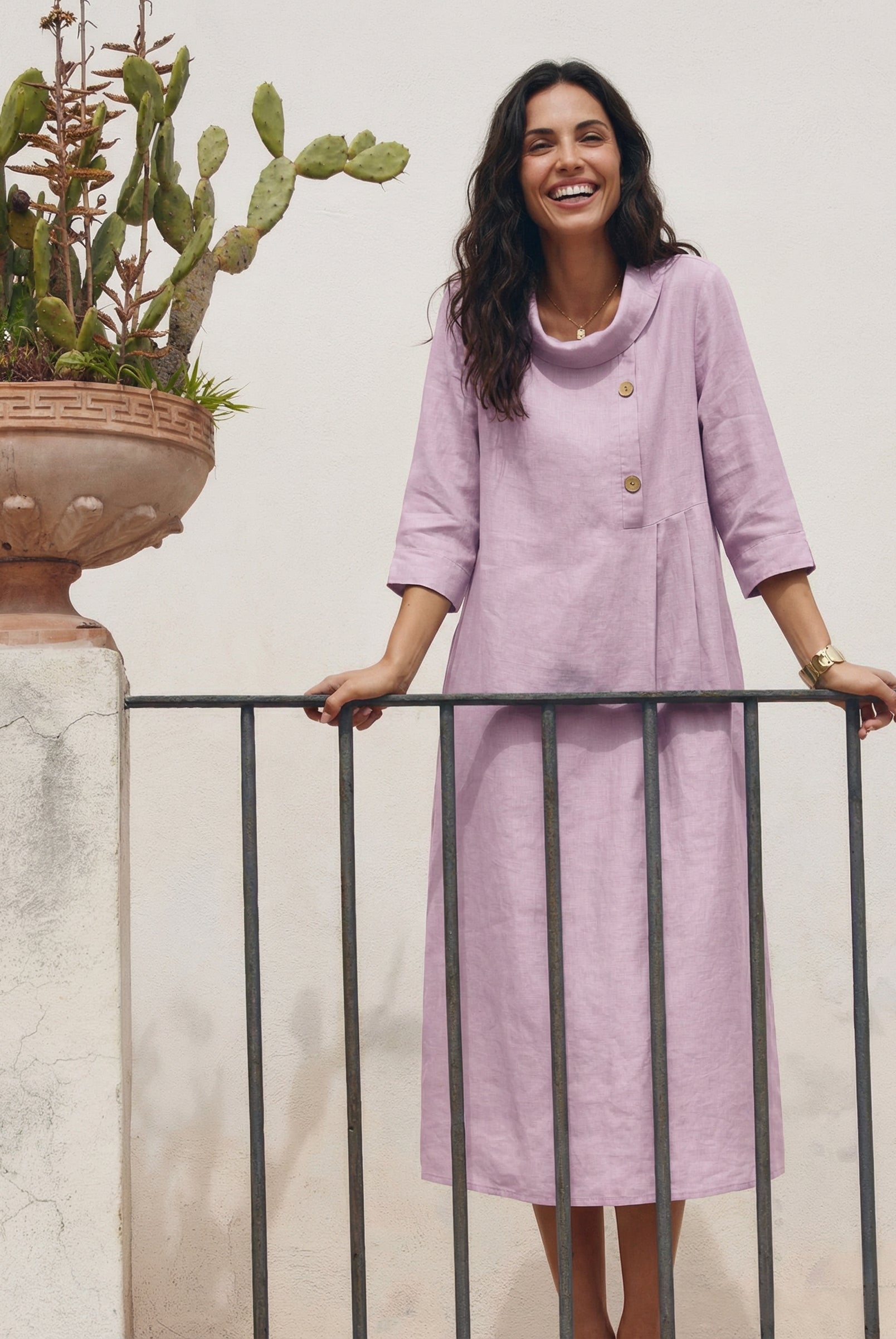 100% Linen Rolled Collar Asymmetric Button Midi Dress ELARAINE by LINTICO for women