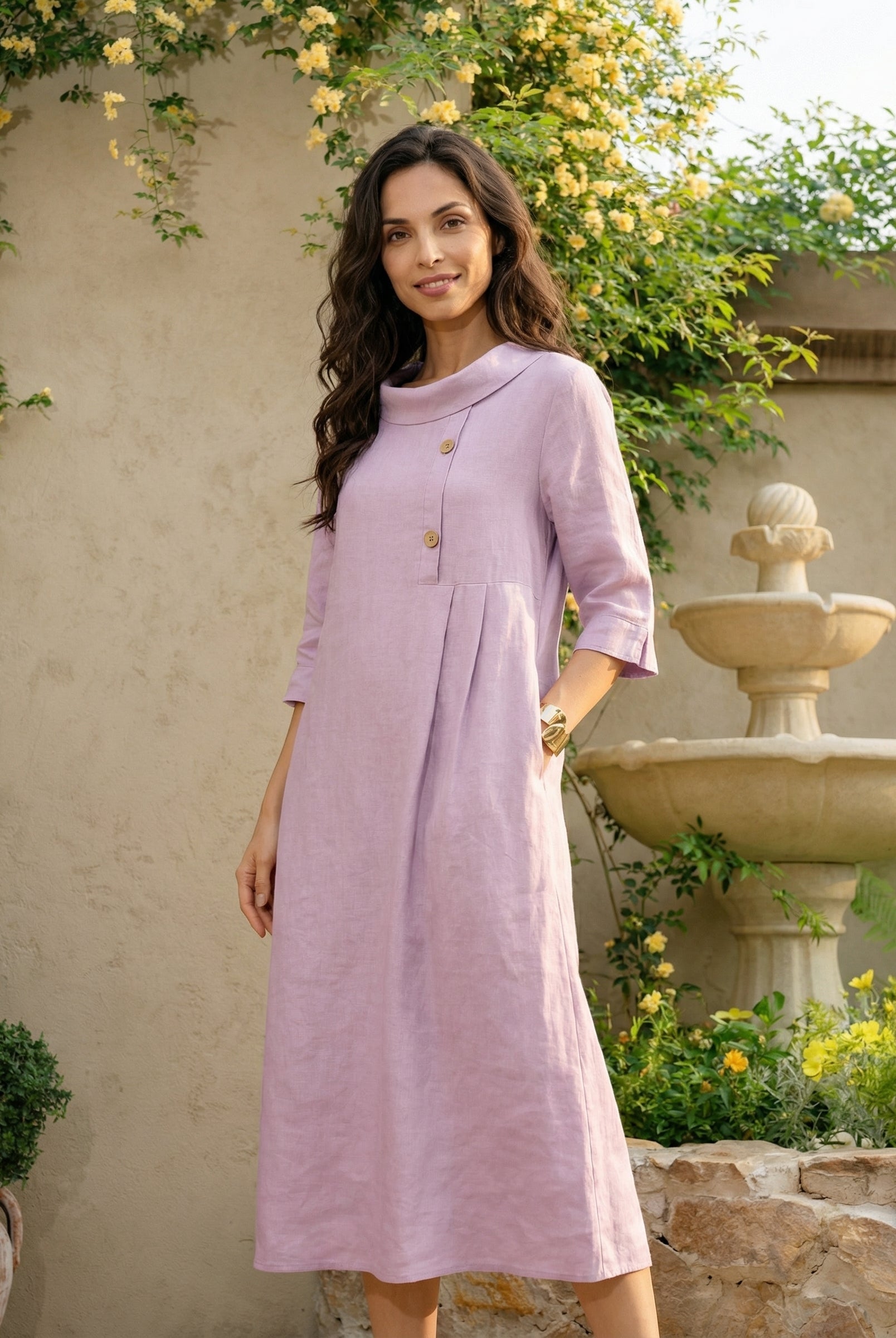 100% Linen Rolled Collar Asymmetric Button Midi Dress ELARAINE by LINTICO for women