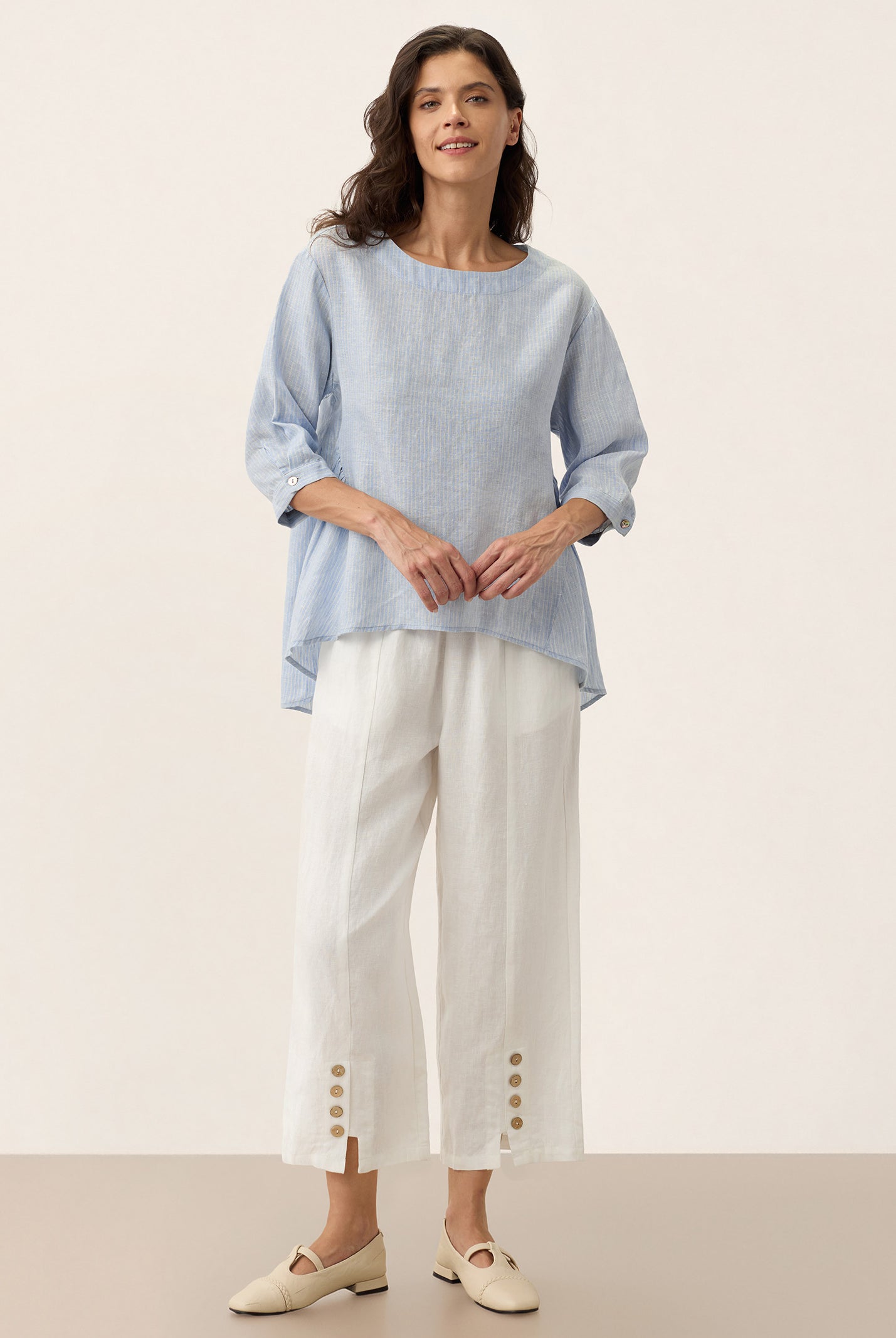 100% Linen Round Neck Artistic Stripe Top FLORENCE by LINTICO for women