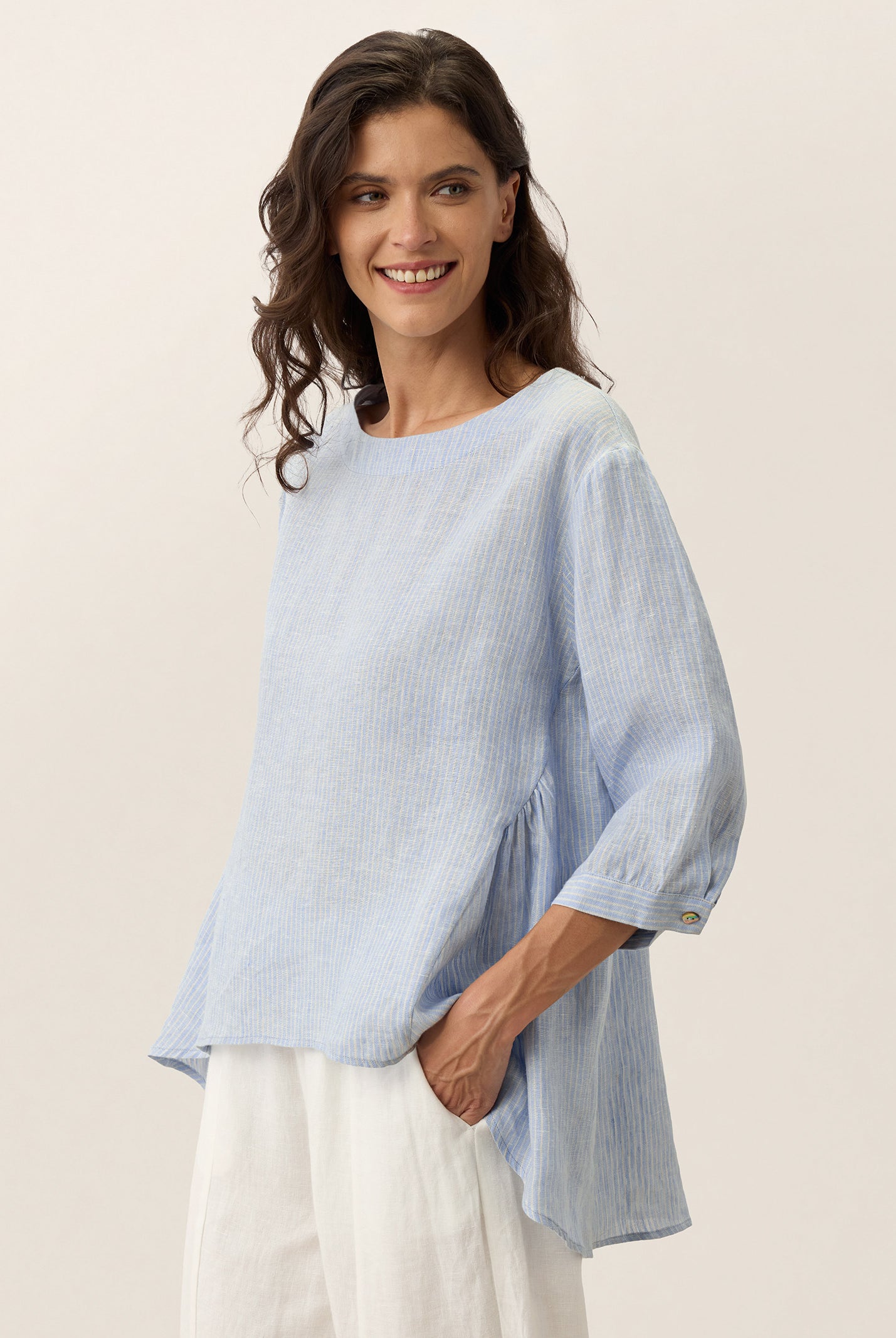 100% Linen Round Neck Artistic Stripe Top FLORENCE by LINTICO for women