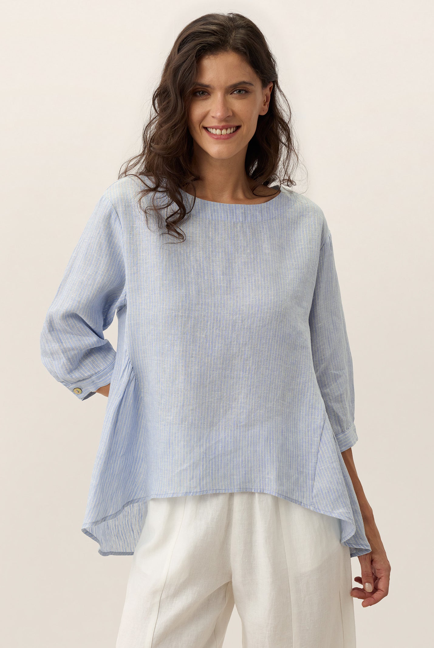 100% Linen Round Neck Artistic Stripe Top FLORENCE by LINTICO for women