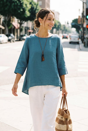 100% Linen Round Neck Asymmetrical Hem Top BRIANNA by LINTICO for women