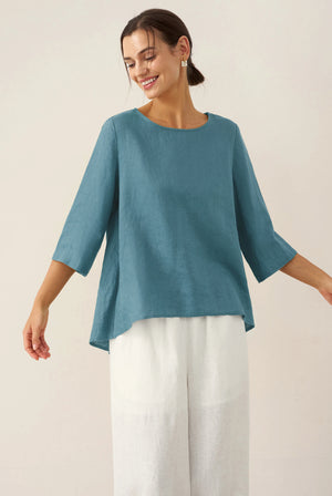 100% Linen Round Neck Asymmetrical Hem Top BRIANNA by LINTICO for women