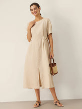 100% Linen Round Neck Button-Tie Maxi Dress XANDRA by LINTICO for women