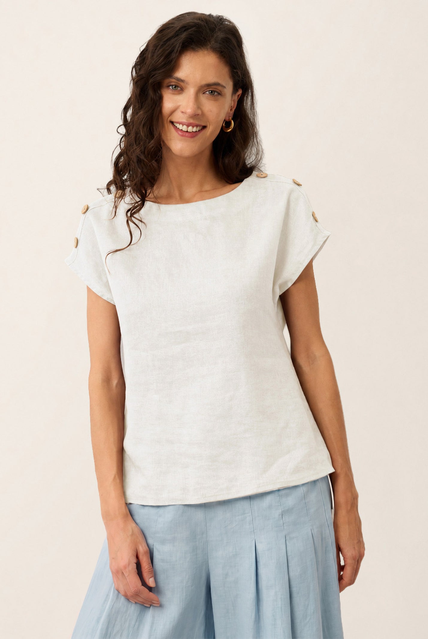 100% Linen Round Neck Button Detail Top ISABELLE by LINTICO for women