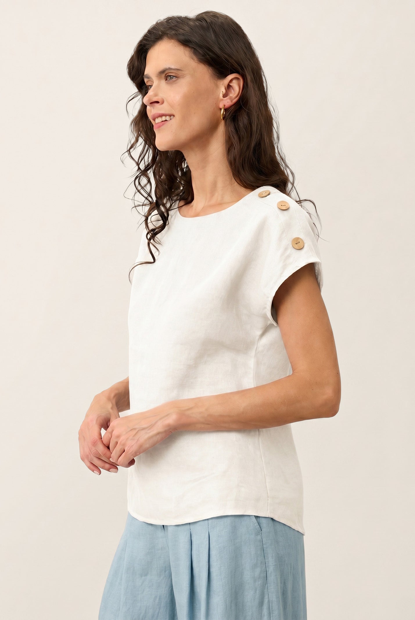 100% Linen Round Neck Button Detail Top ISABELLE by LINTICO for women