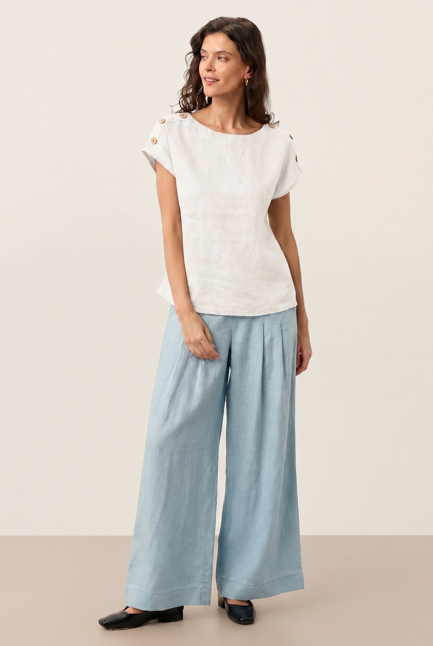 100% Linen Round Neck Button Detail Top ISABELLE by LINTICO for women